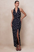 Hana | Black & White Polka Dot Plunge-Neck Tailored Maxi Dress