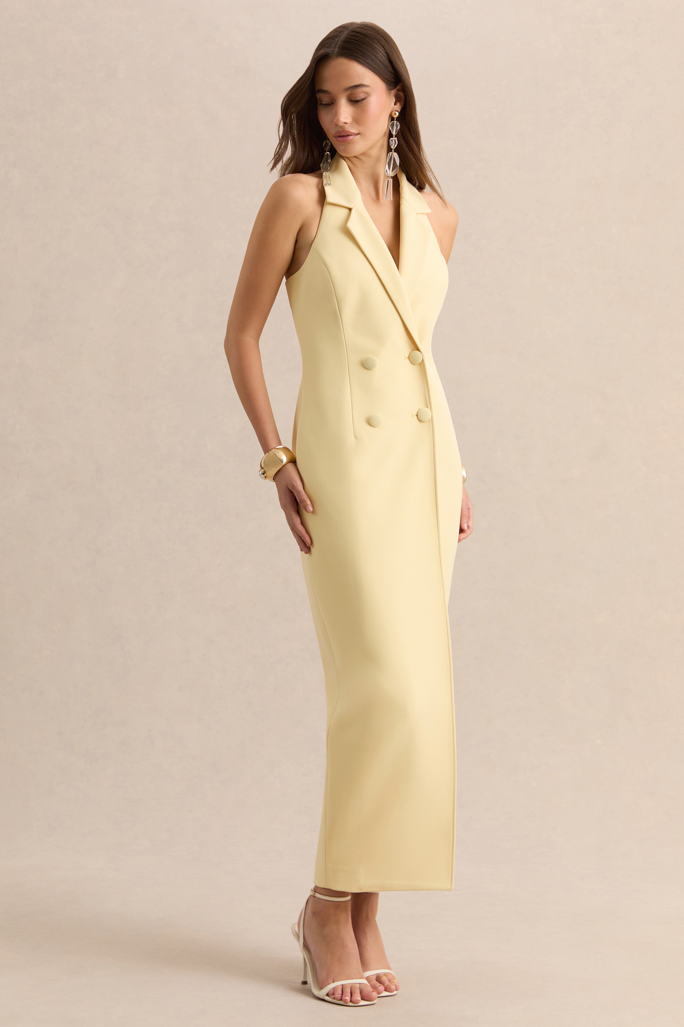 Hana | Lemon Plunge-Neck Tailored Maxi Dress