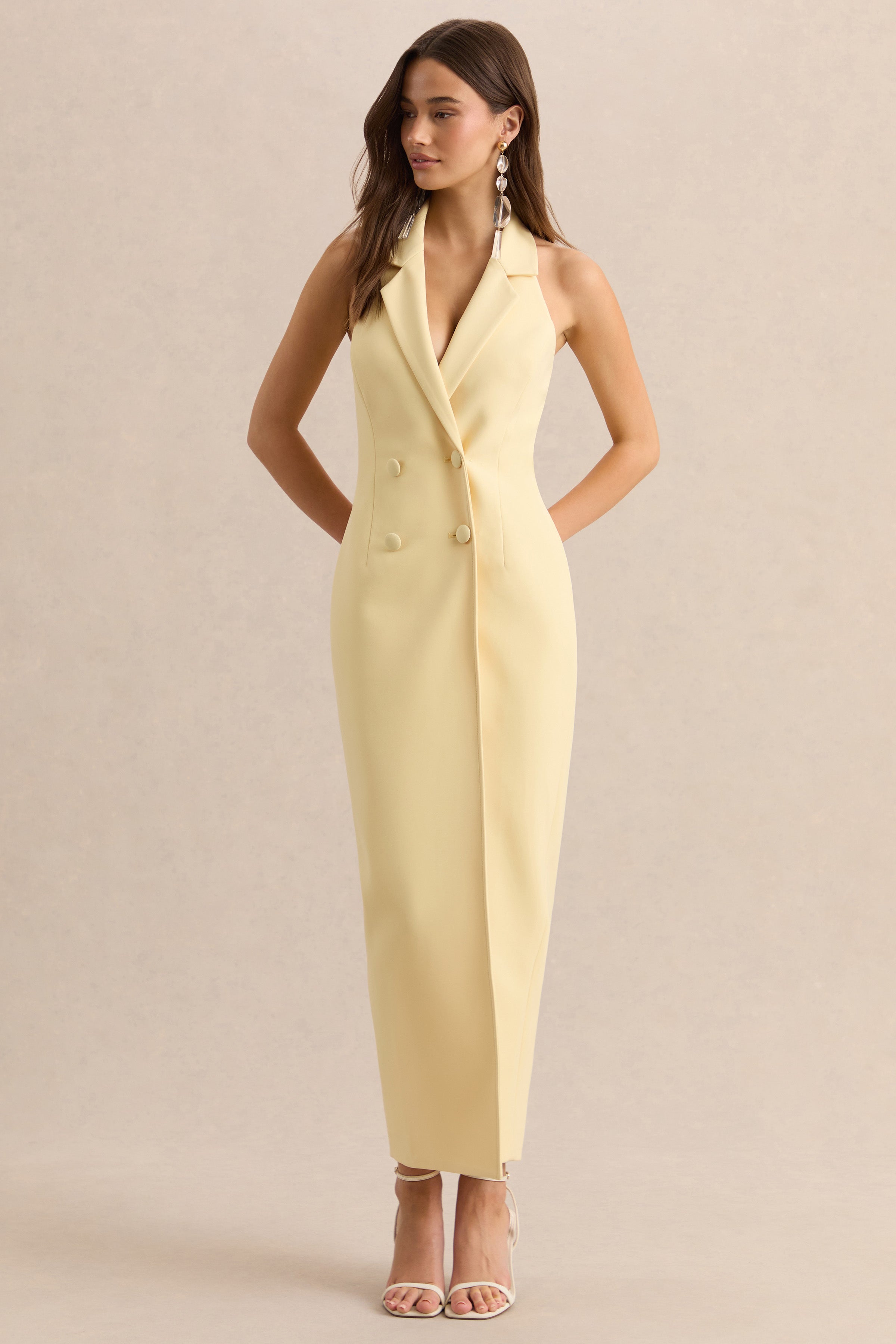 Hana | Lemon Plunge-Neck Tailored Maxi Dress