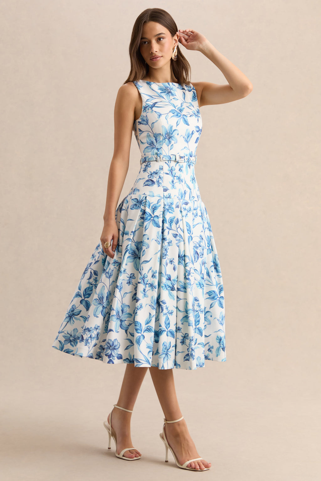 Sunnira | Blue Porcelain Print Boat-Neck Midi Dress With Drop-Waist