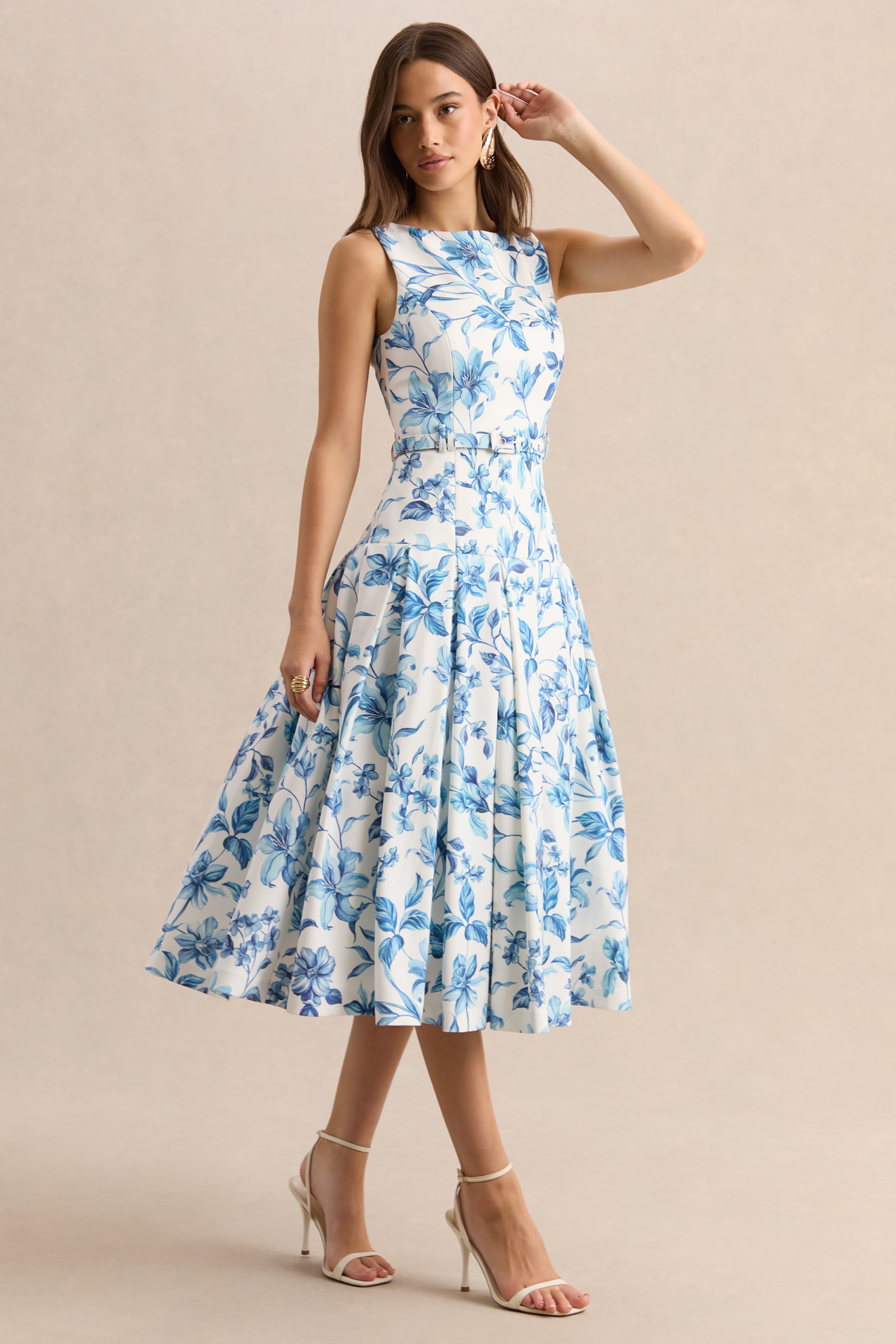 Sunnira | Blue Porcelain Print Boat-Neck Midi Dress With Drop-Waist