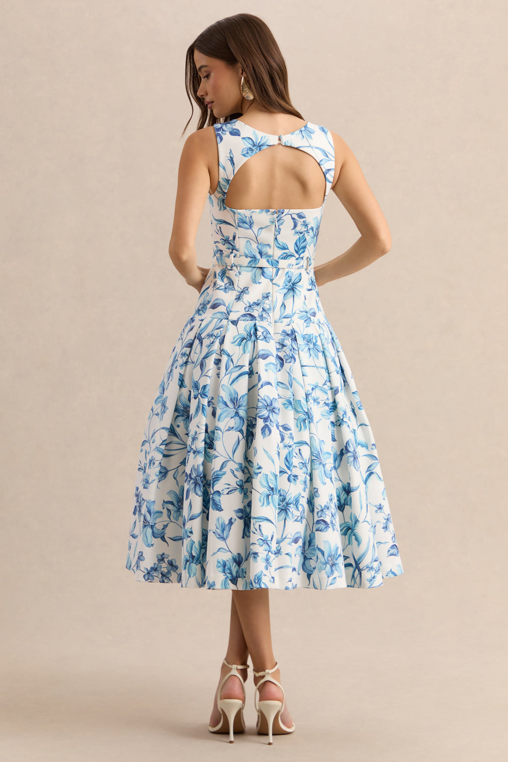 Sunnira | Blue Porcelain Print Boat-Neck Midi Dress With Drop-Waist