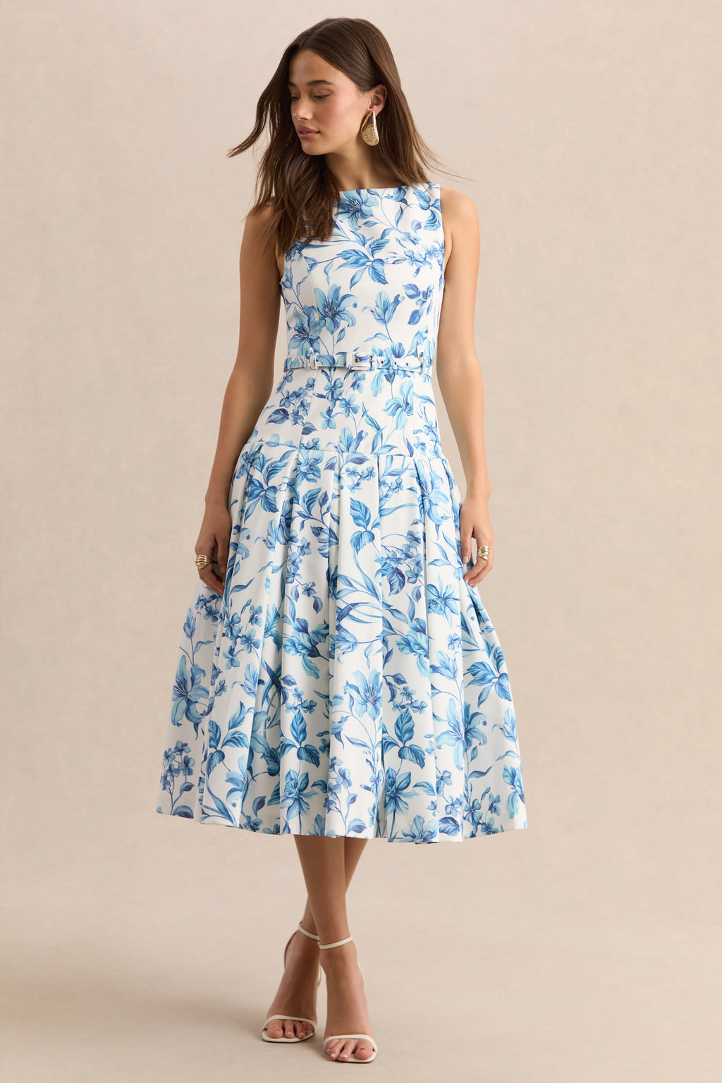 Sunnira | Blue Porcelain Print Boat-Neck Midi Dress With Drop-Waist