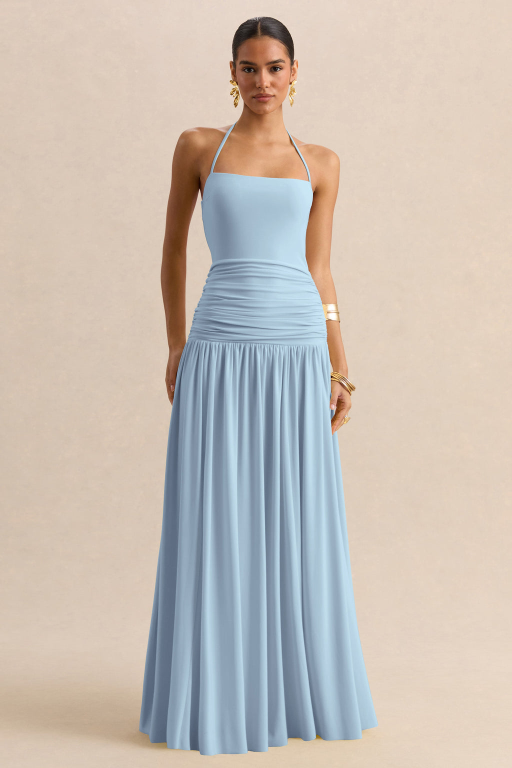 Nicolette | Powder Blue Square-Neck Maxi Dress With Ruched-Detailing