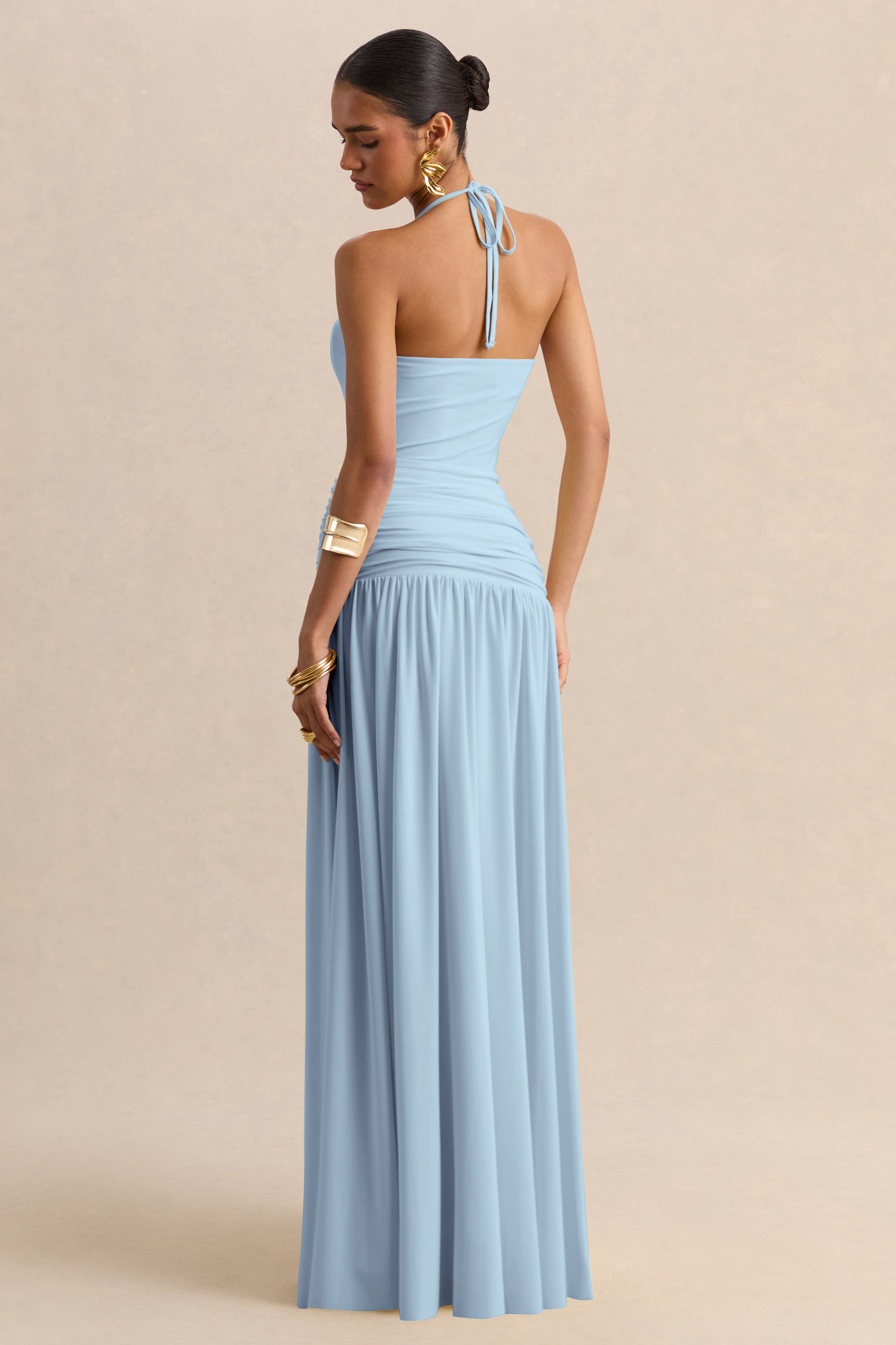 Nicolette | Powder Blue Square-Neck Maxi Dress With Ruched-Detailing