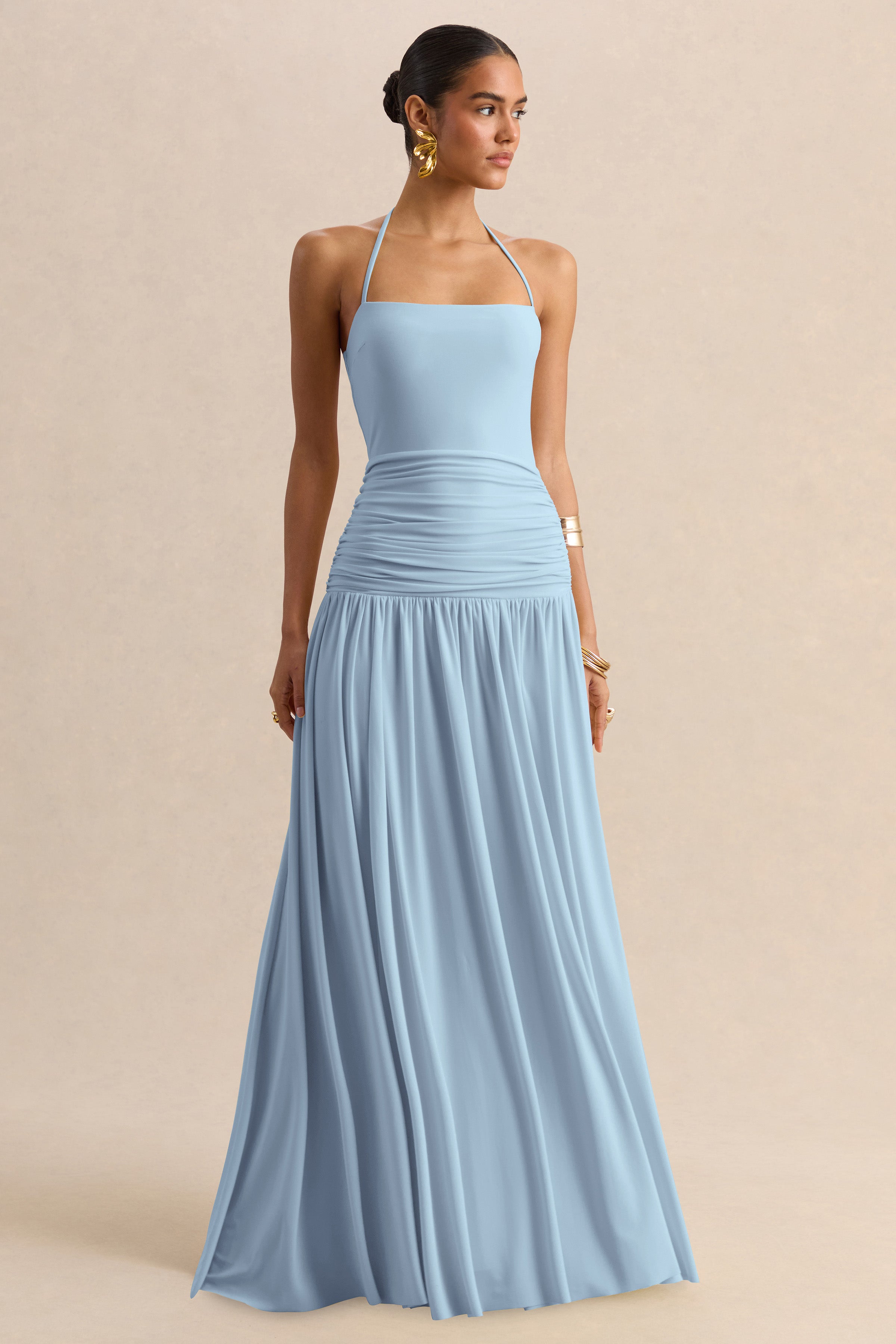 Nicolette | Powder Blue Square-Neck Maxi Dress With Ruched-Detailing