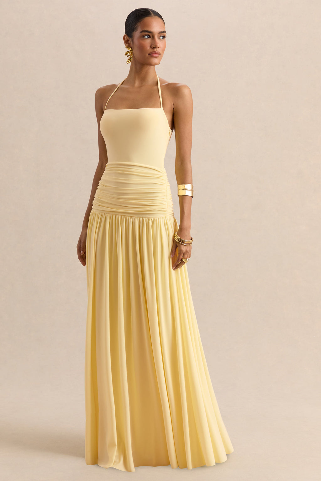Nicolette | Lemon Square-Neck Maxi Dress With Ruched-Detailing