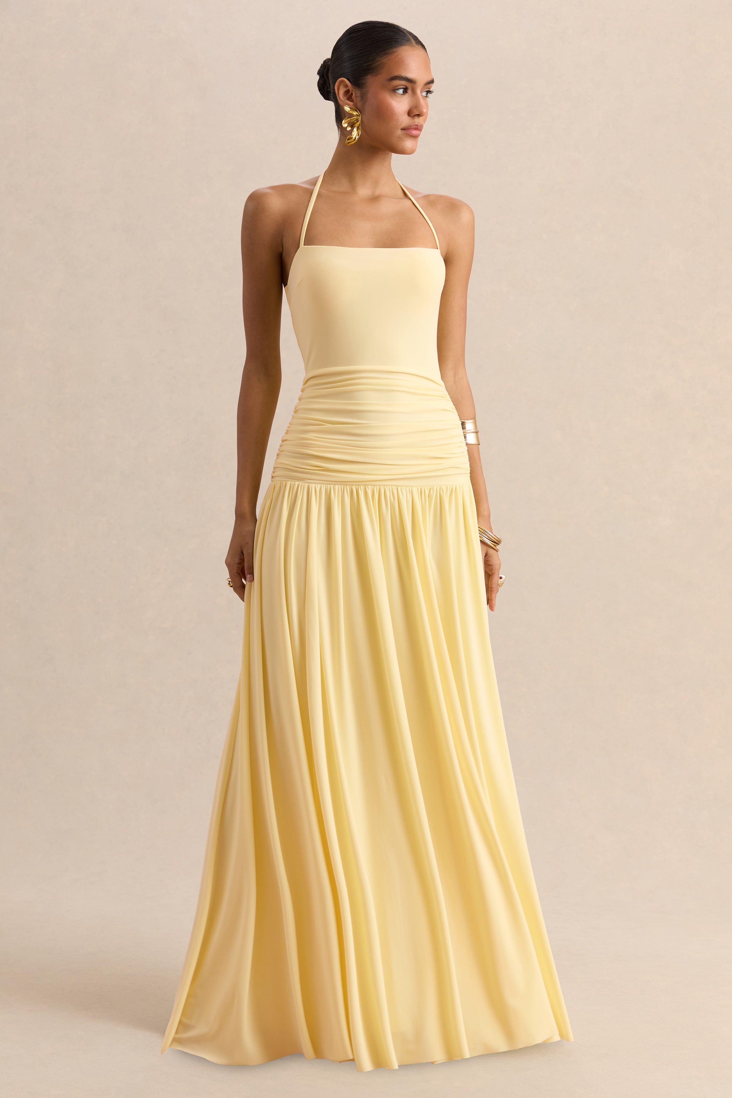 Nicolette | Lemon Square-Neck Maxi Dress With Ruched-Detailing