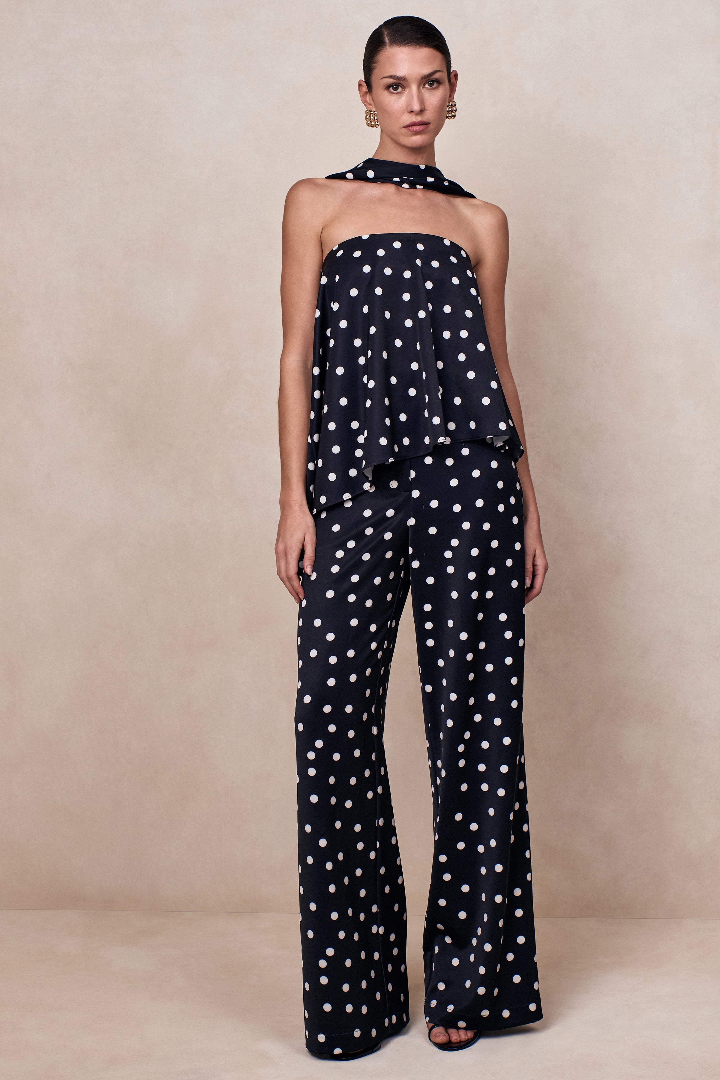 Evandra | Black & White Satin Polka Dot Bandeau Top With Scarf