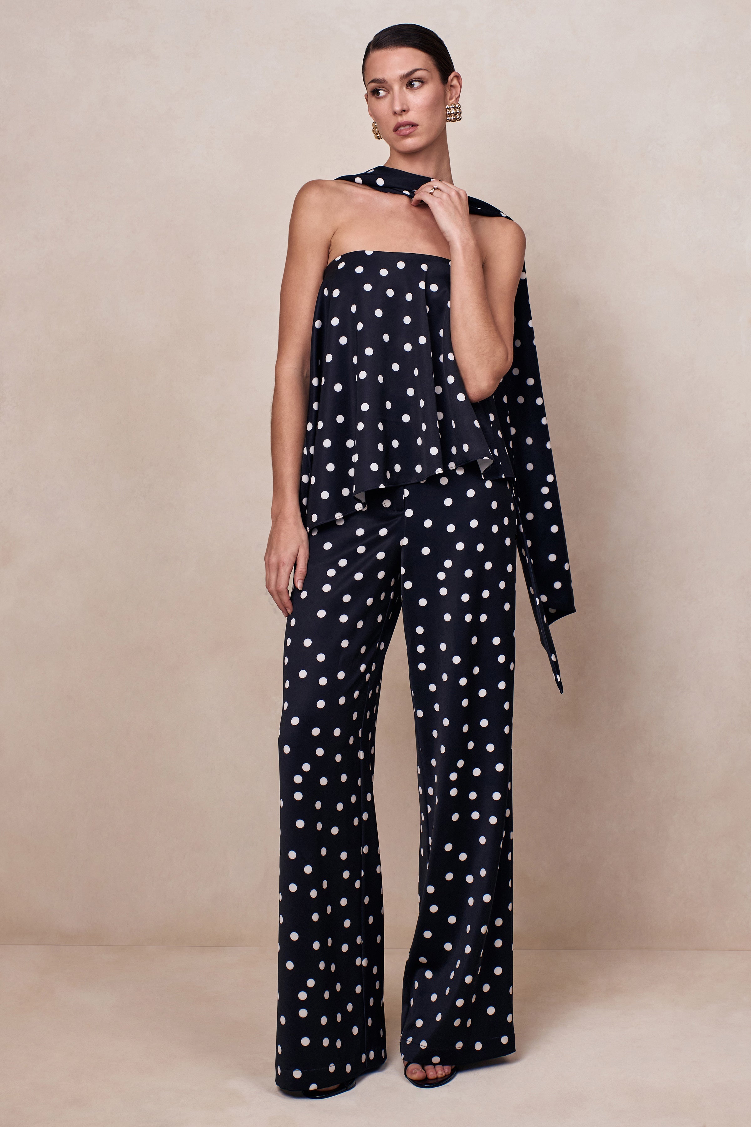 Evandra | Black & White Satin Polka Dot Bandeau Top With Scarf