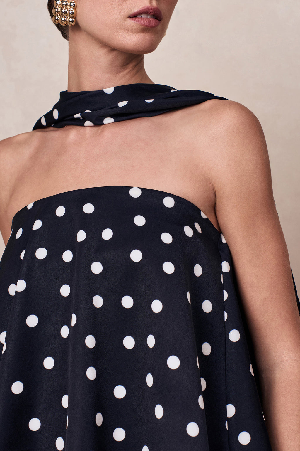 Evandra | Black & White Satin Polka Dot Bandeau Top With Scarf