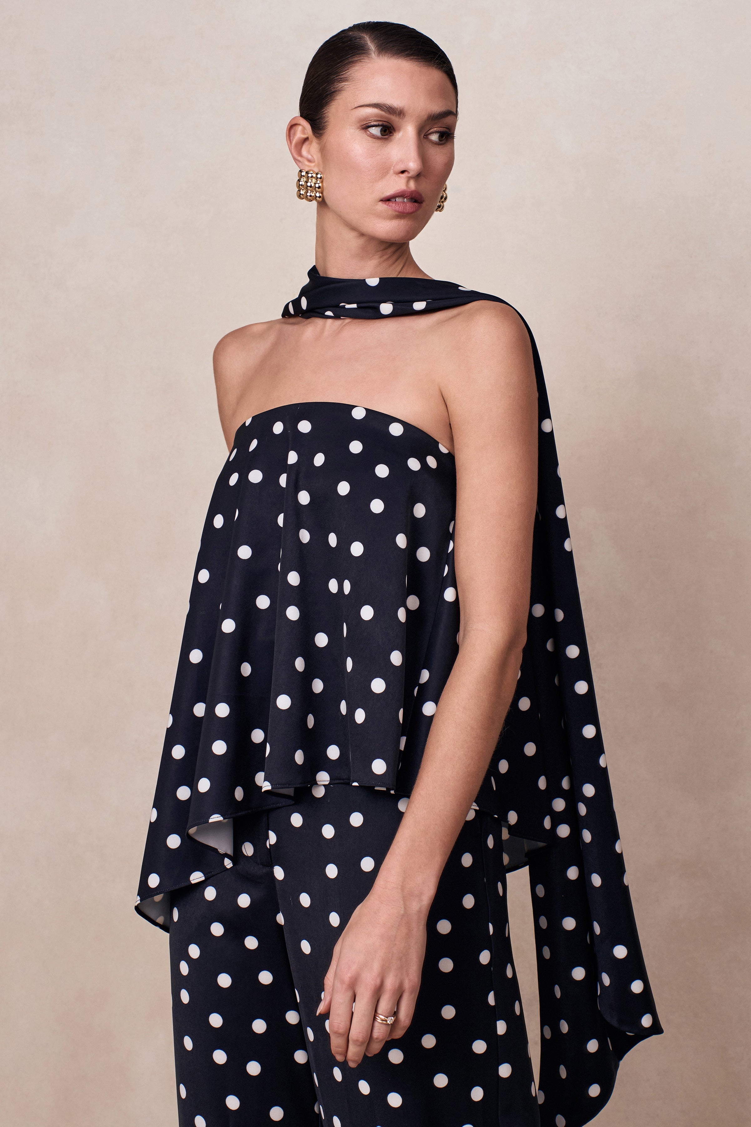 Evandra | Black & White Satin Polka Dot Bandeau Top With Scarf