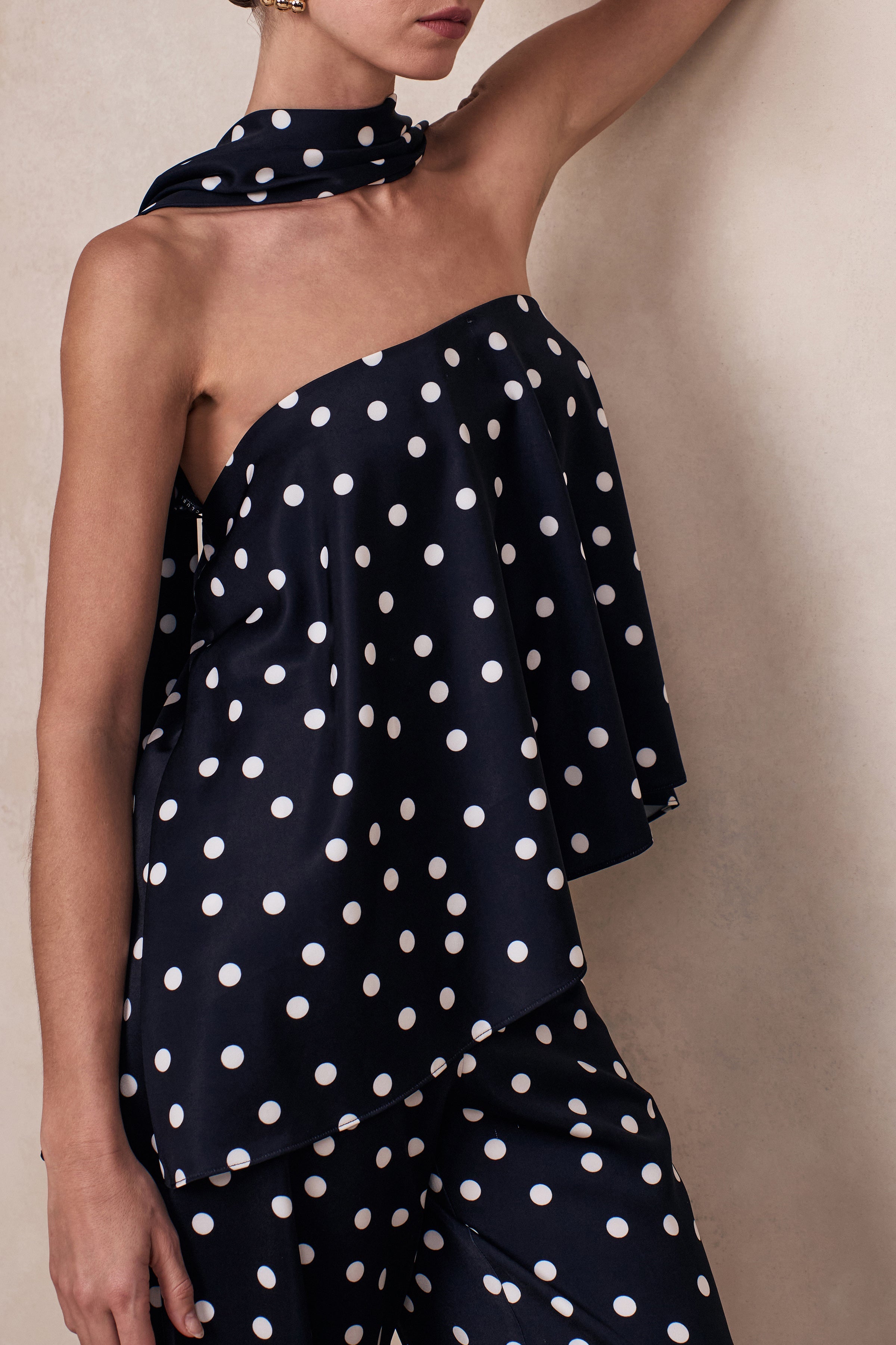 Evandra | Black & White Satin Polka Dot Bandeau Top With Scarf