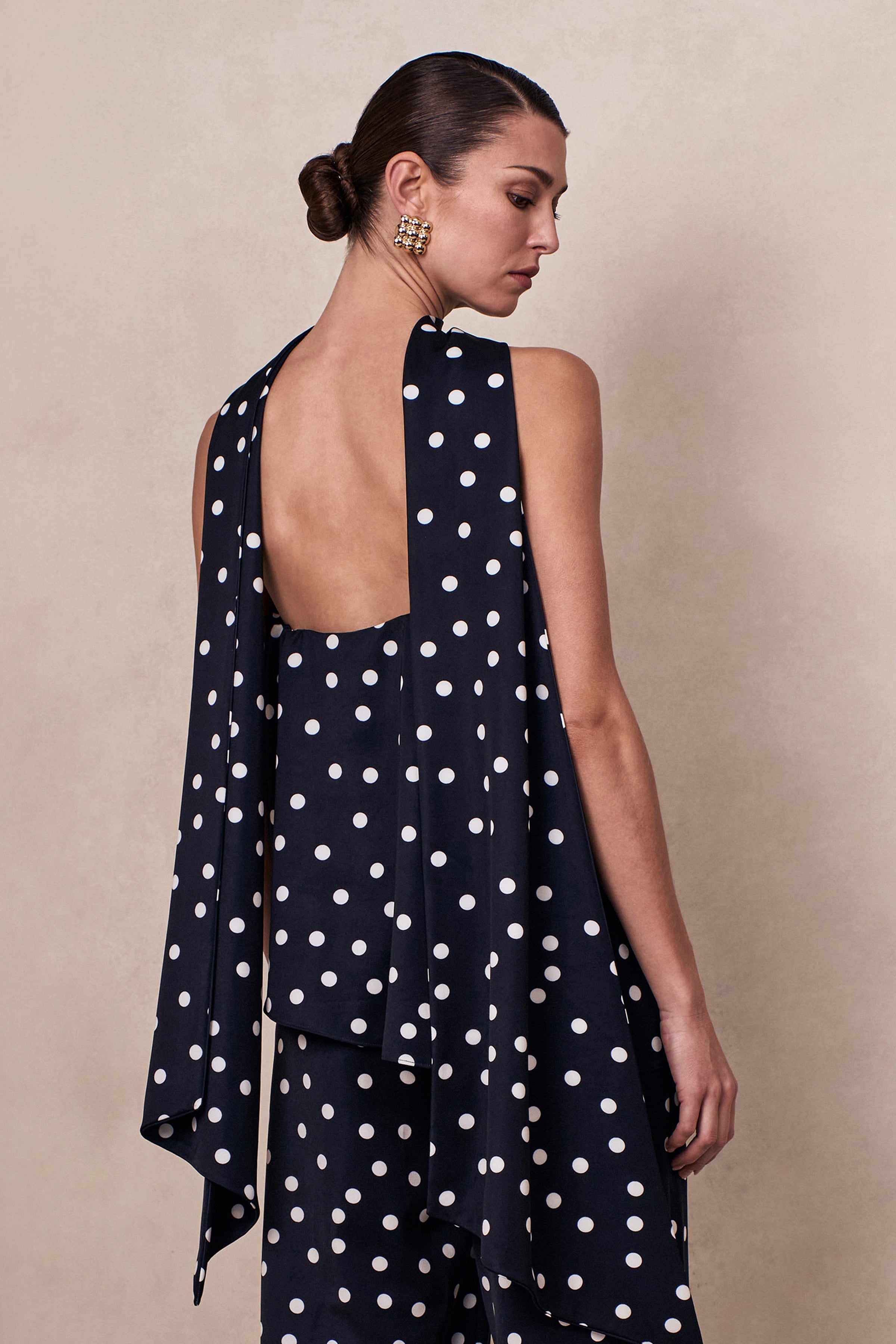 Evandra | Black & White Satin Polka Dot Bandeau Top With Scarf