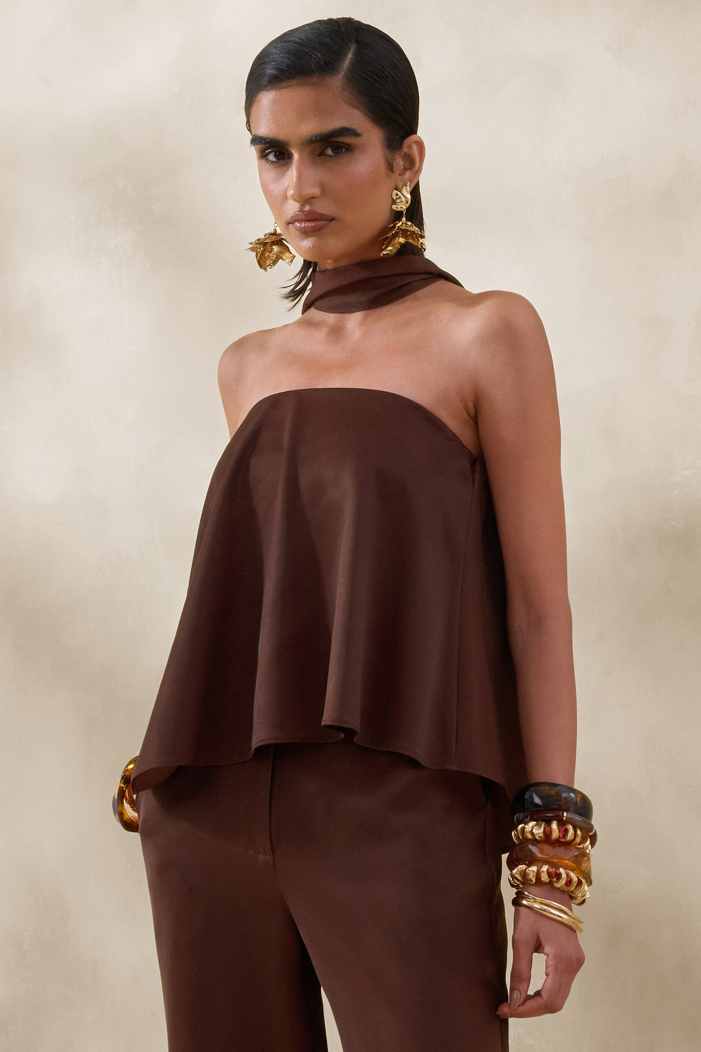 Evandra | Brown Satin Bandeau Top With Scarf