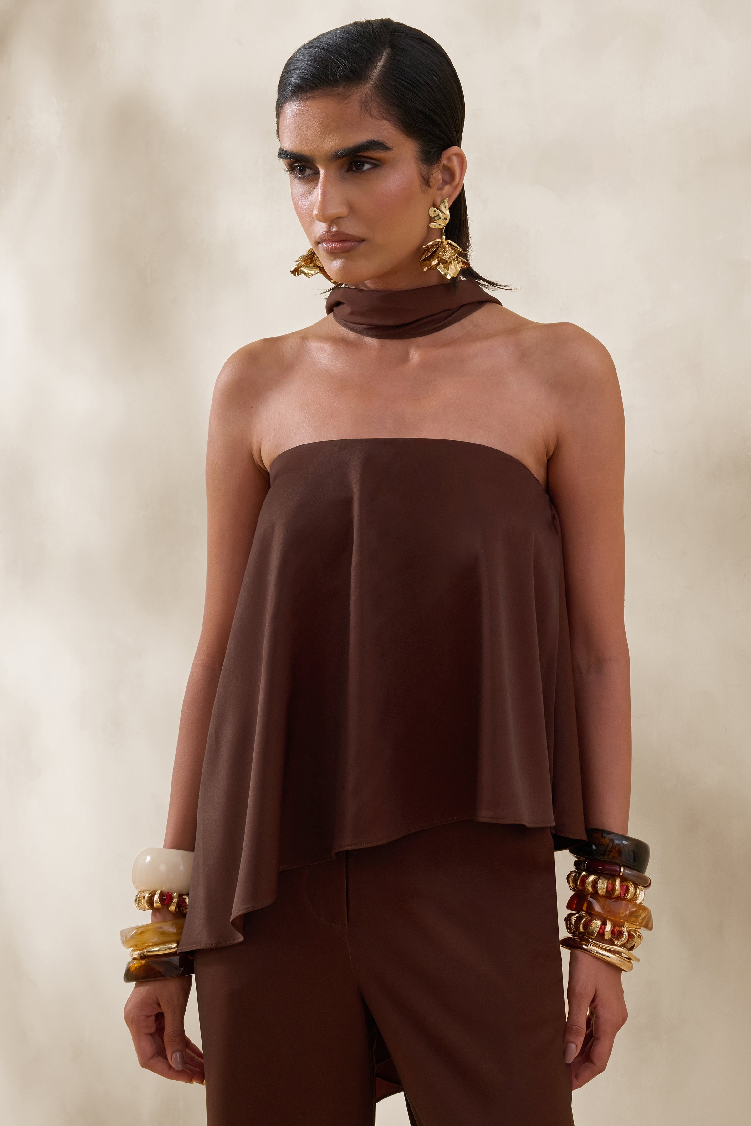 Evandra | Brown Satin Bandeau Top With Scarf