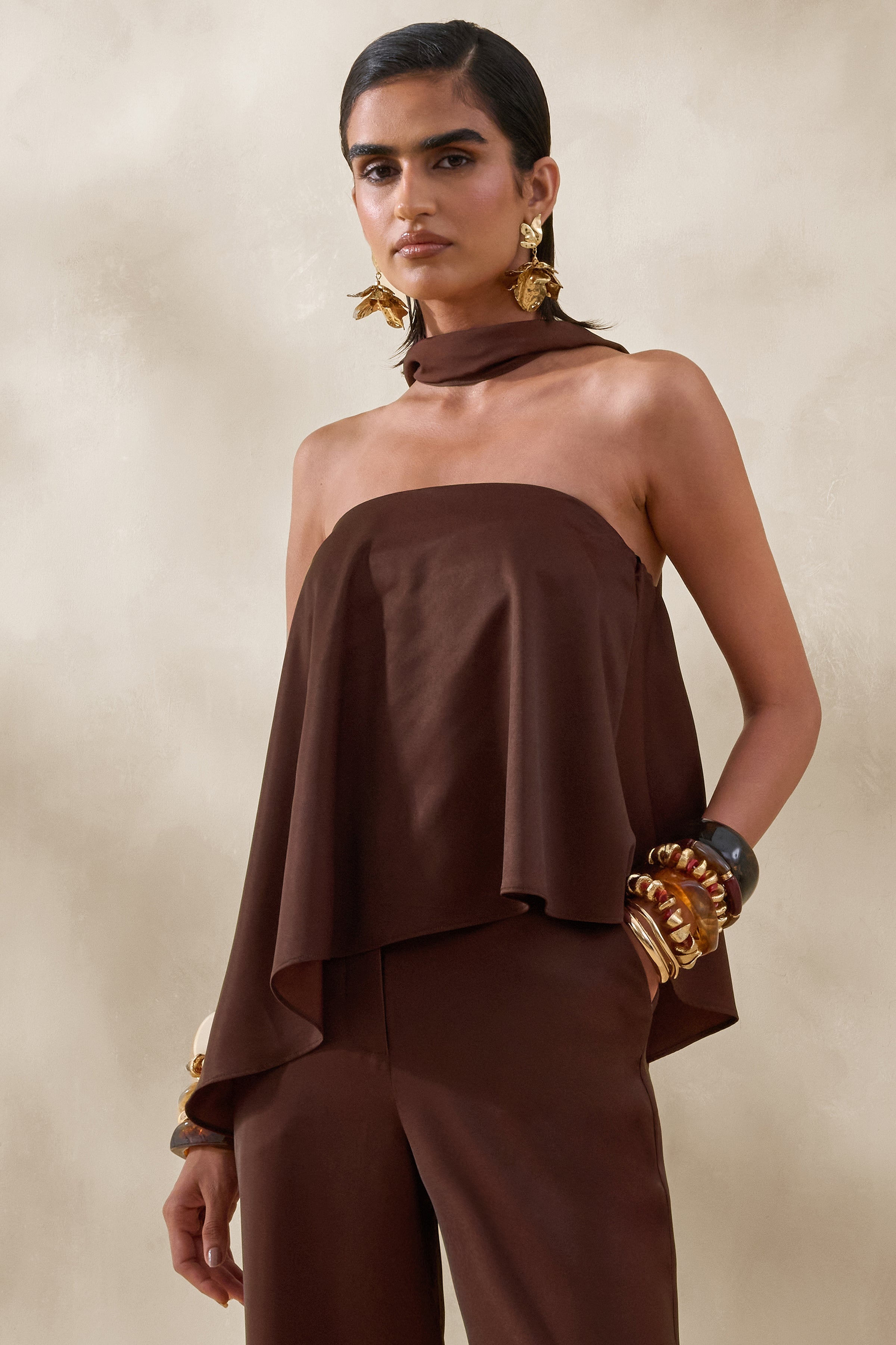 Evandra | Brown Satin Bandeau Top With Scarf