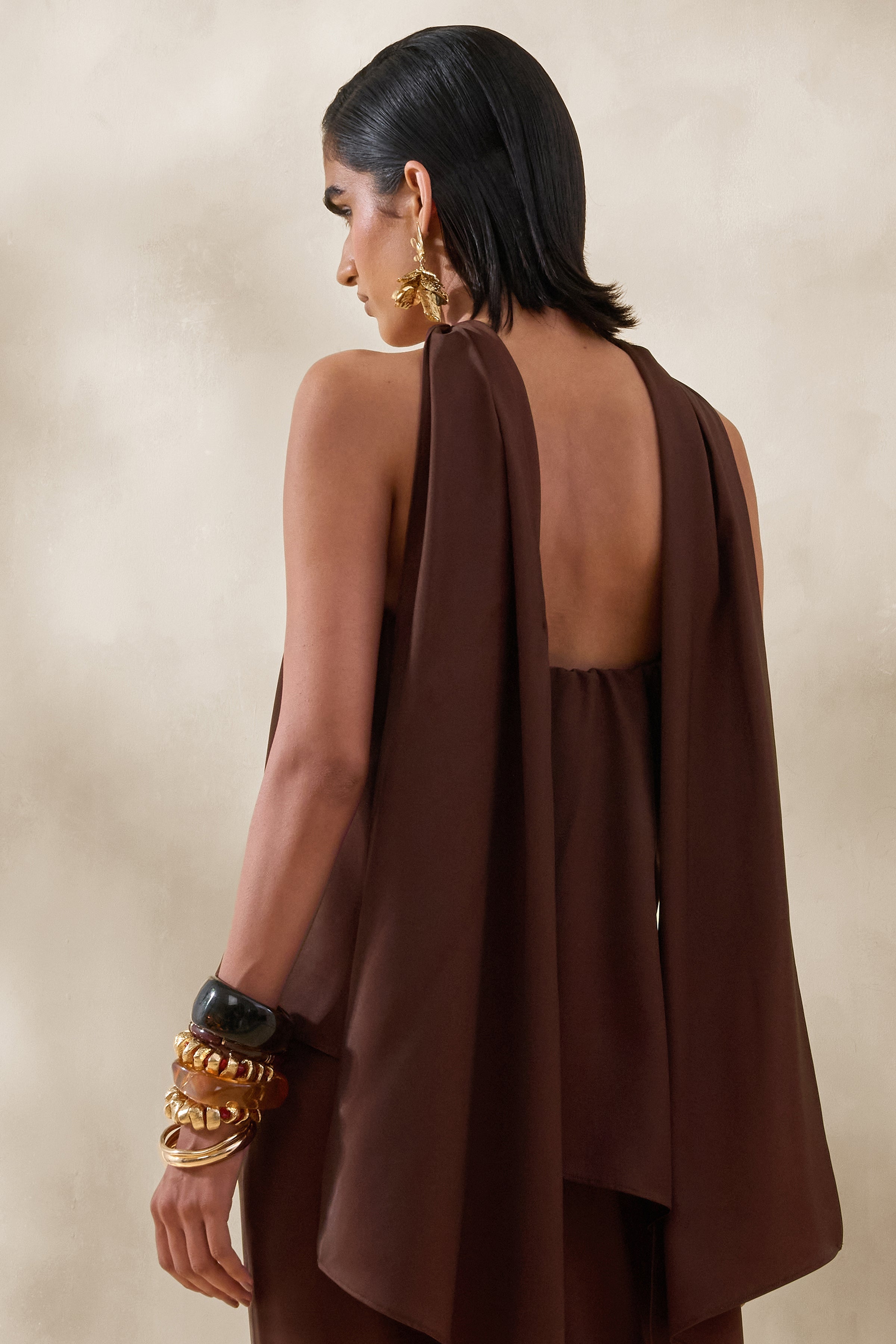 Evandra | Brown Satin Bandeau Top With Scarf