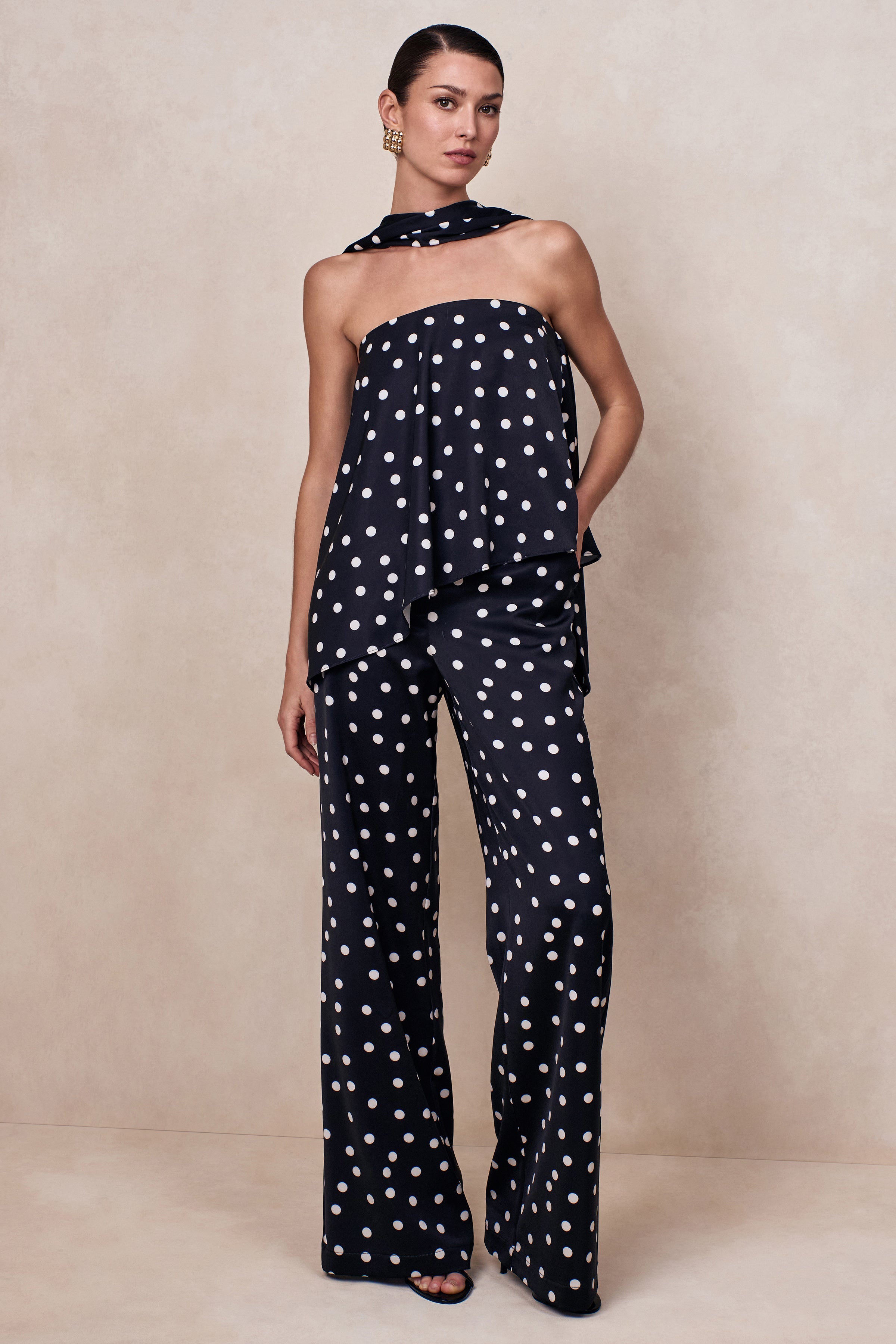 Seloria | Black & White Satin Polka Dot Wide-Leg Trouser