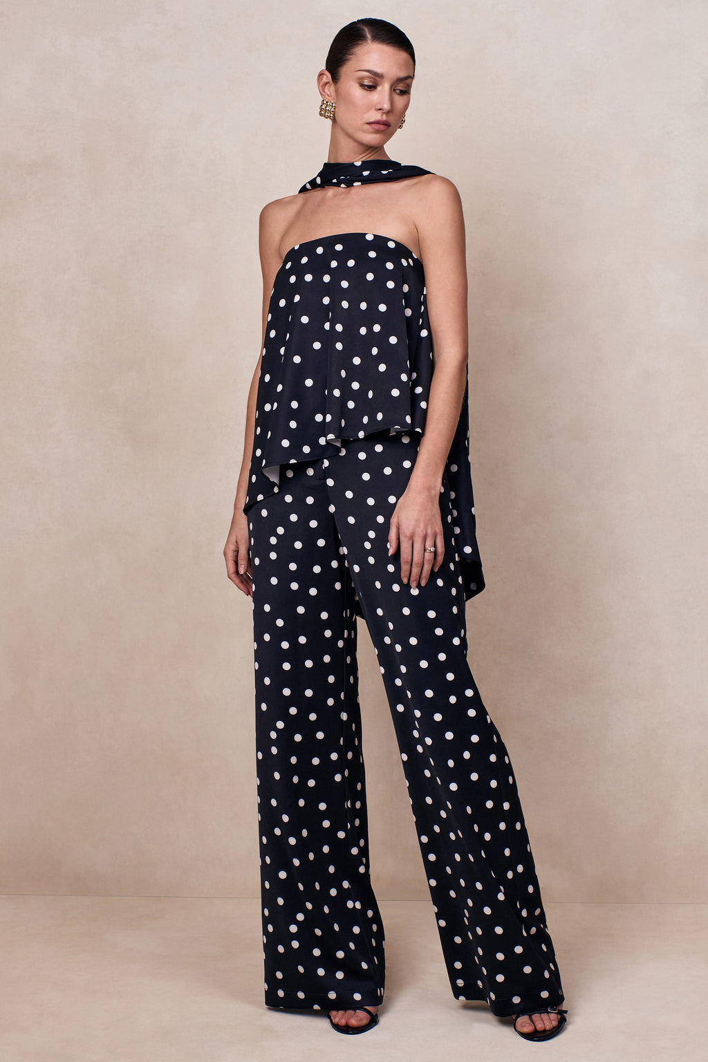 Seloria | Black & White Satin Polka Dot Wide-Leg Trouser