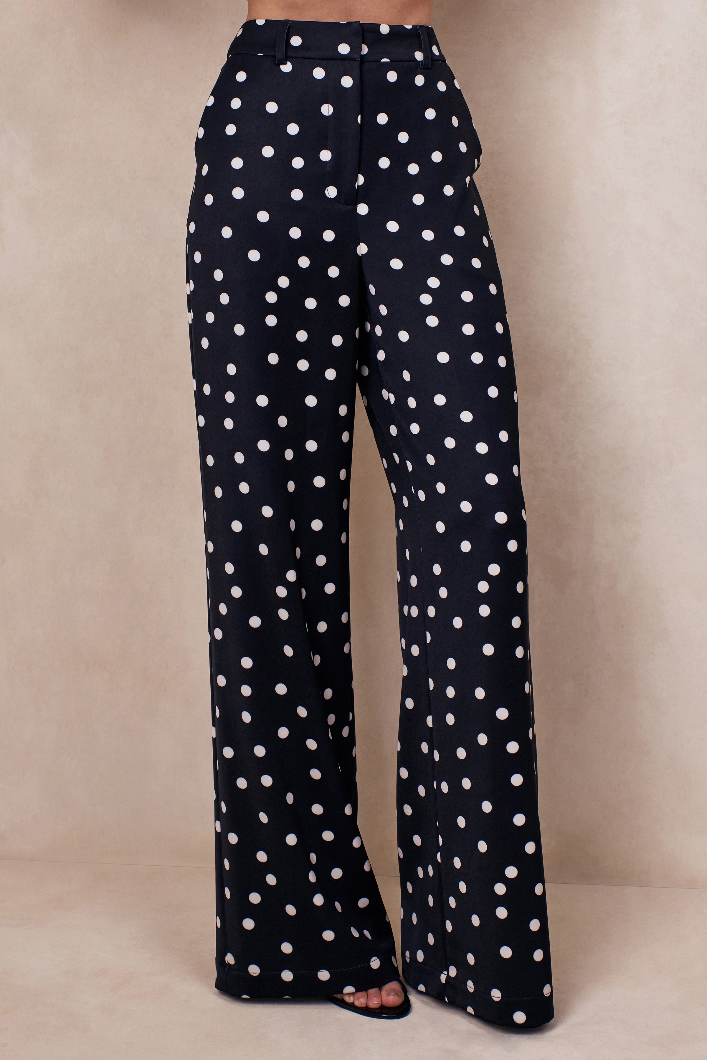 Seloria | Black & White Satin Polka Dot Wide-Leg Trouser