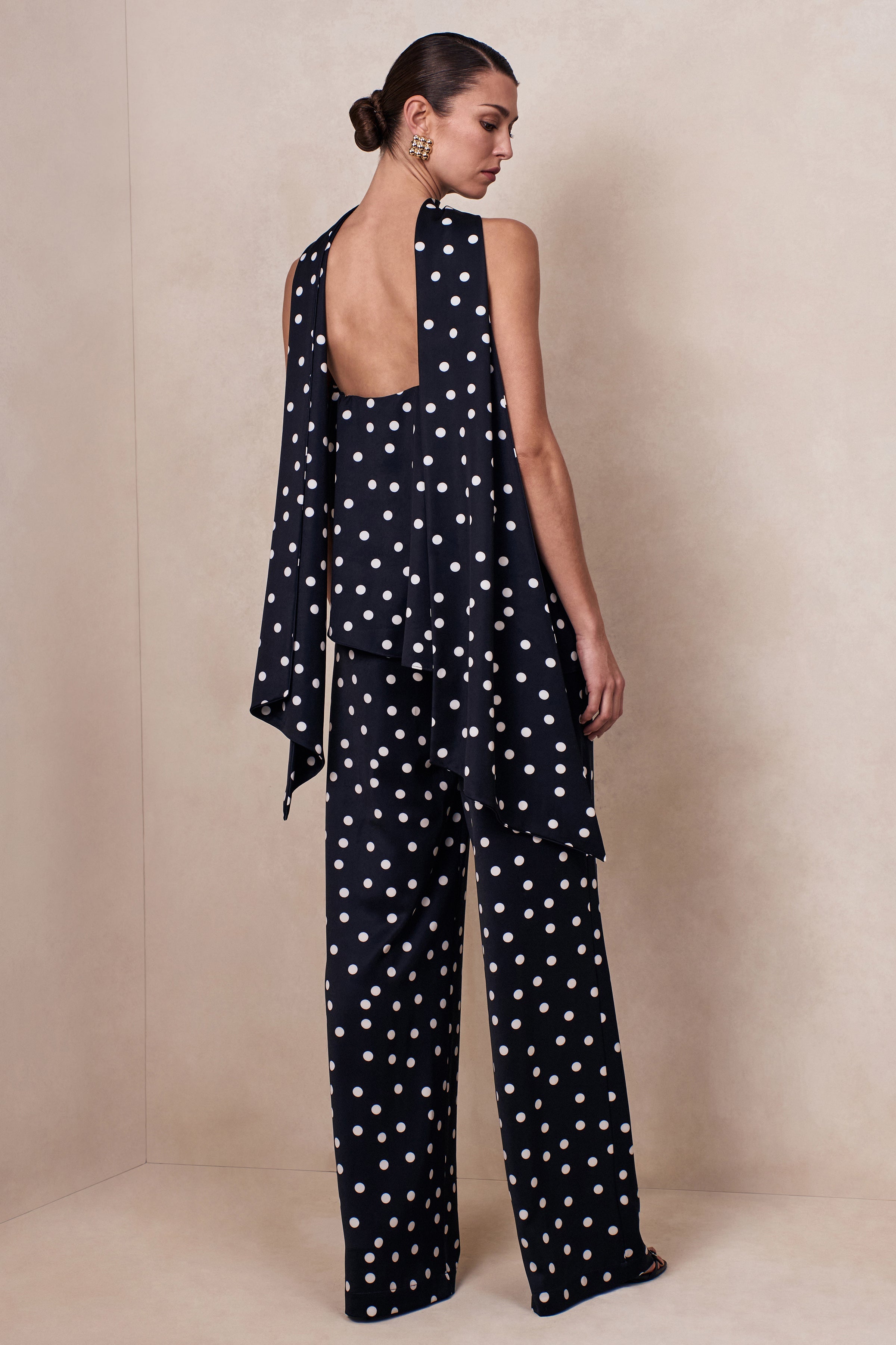 Seloria | Black & White Satin Polka Dot Wide-Leg Trouser