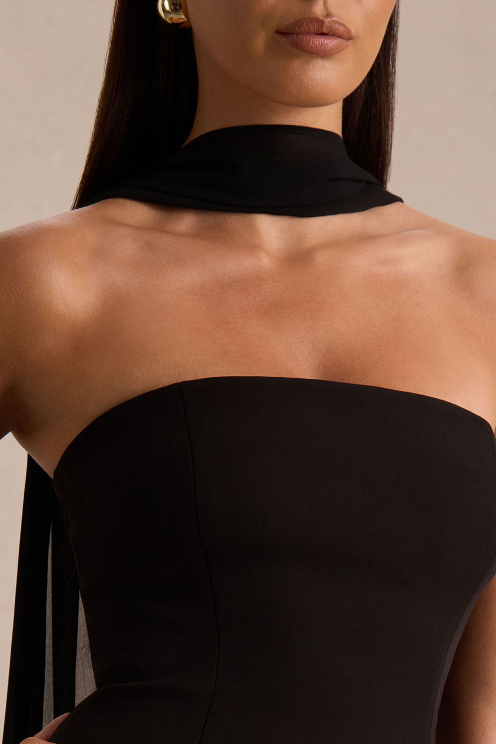 Noor | Black Bandeau-Neck Mini Dress With Scarf Detail