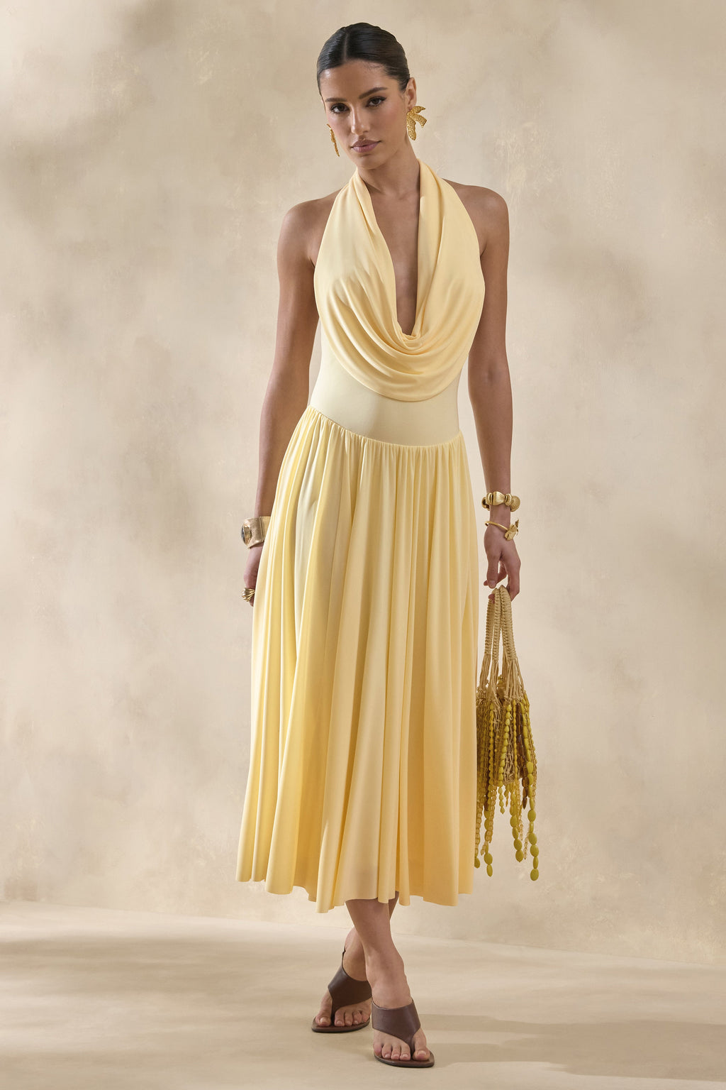 Veyra | Lemon Plunge Cowl-Neck Midi Dress