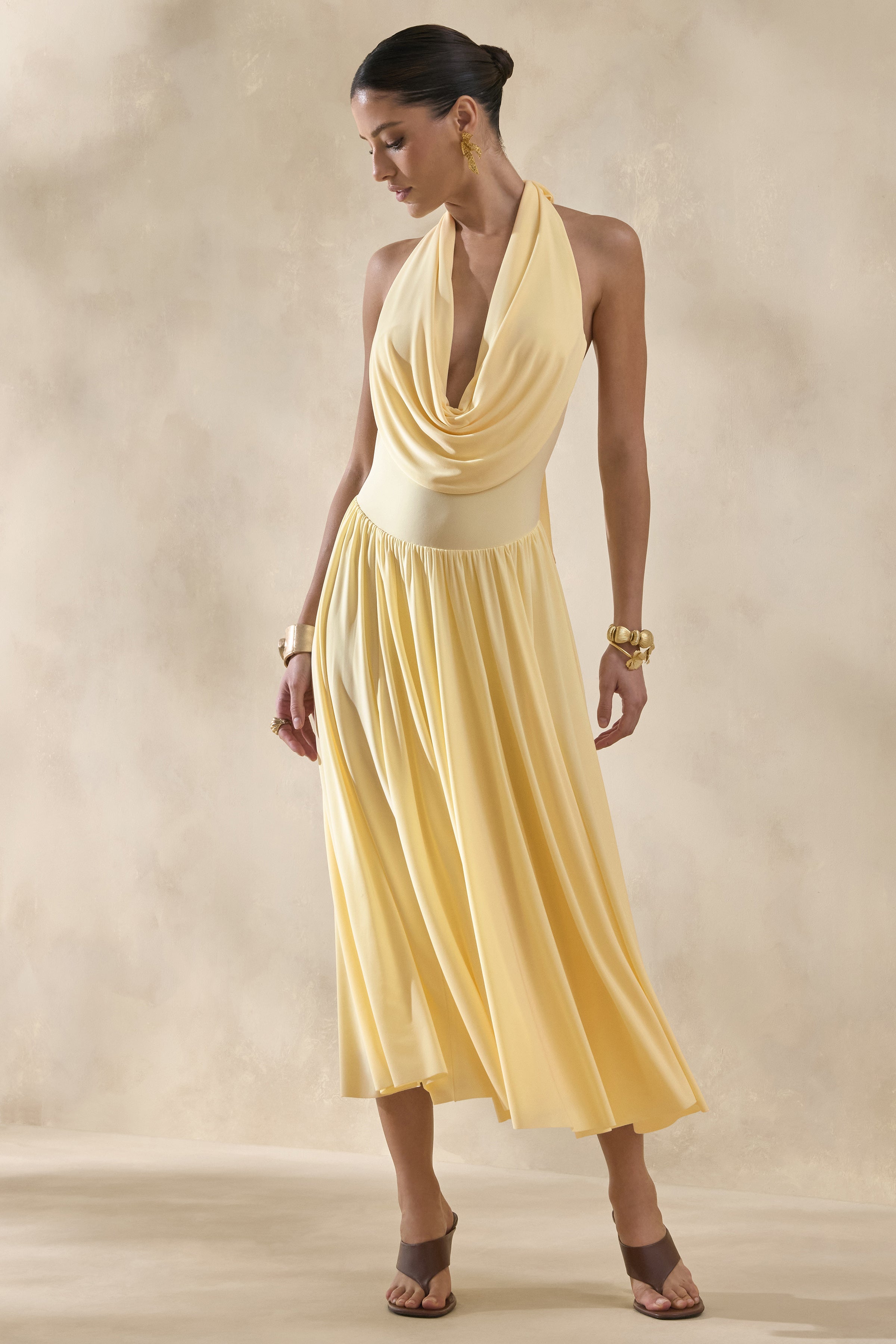 Veyra | Lemon Plunge Cowl-Neck Midi Dress