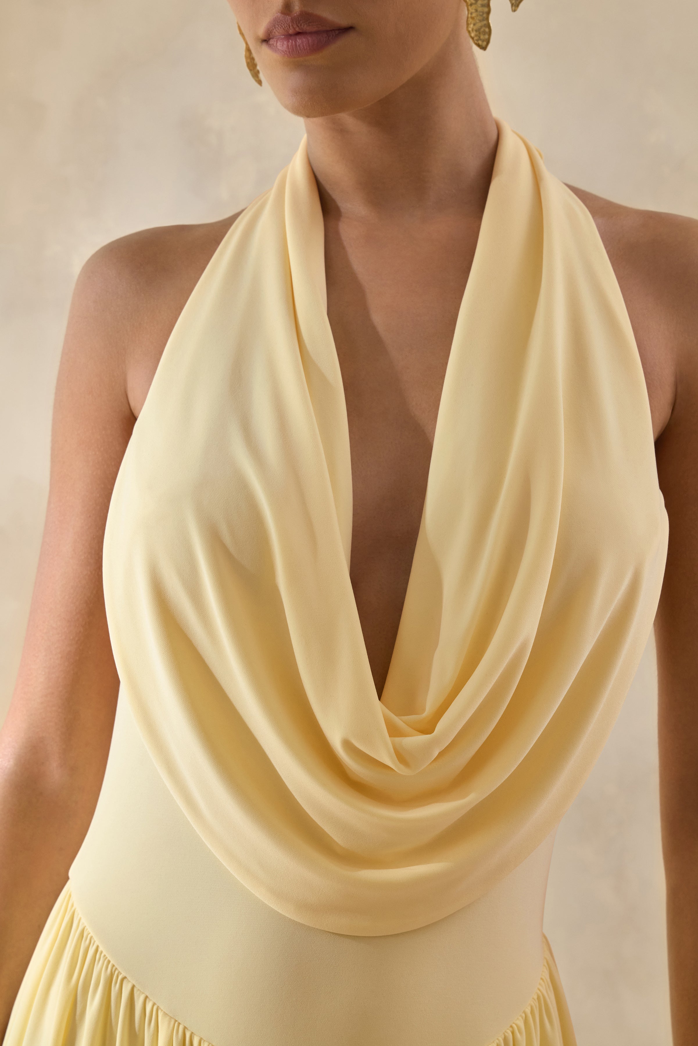 Veyra | Lemon Plunge Cowl-Neck Midi Dress
