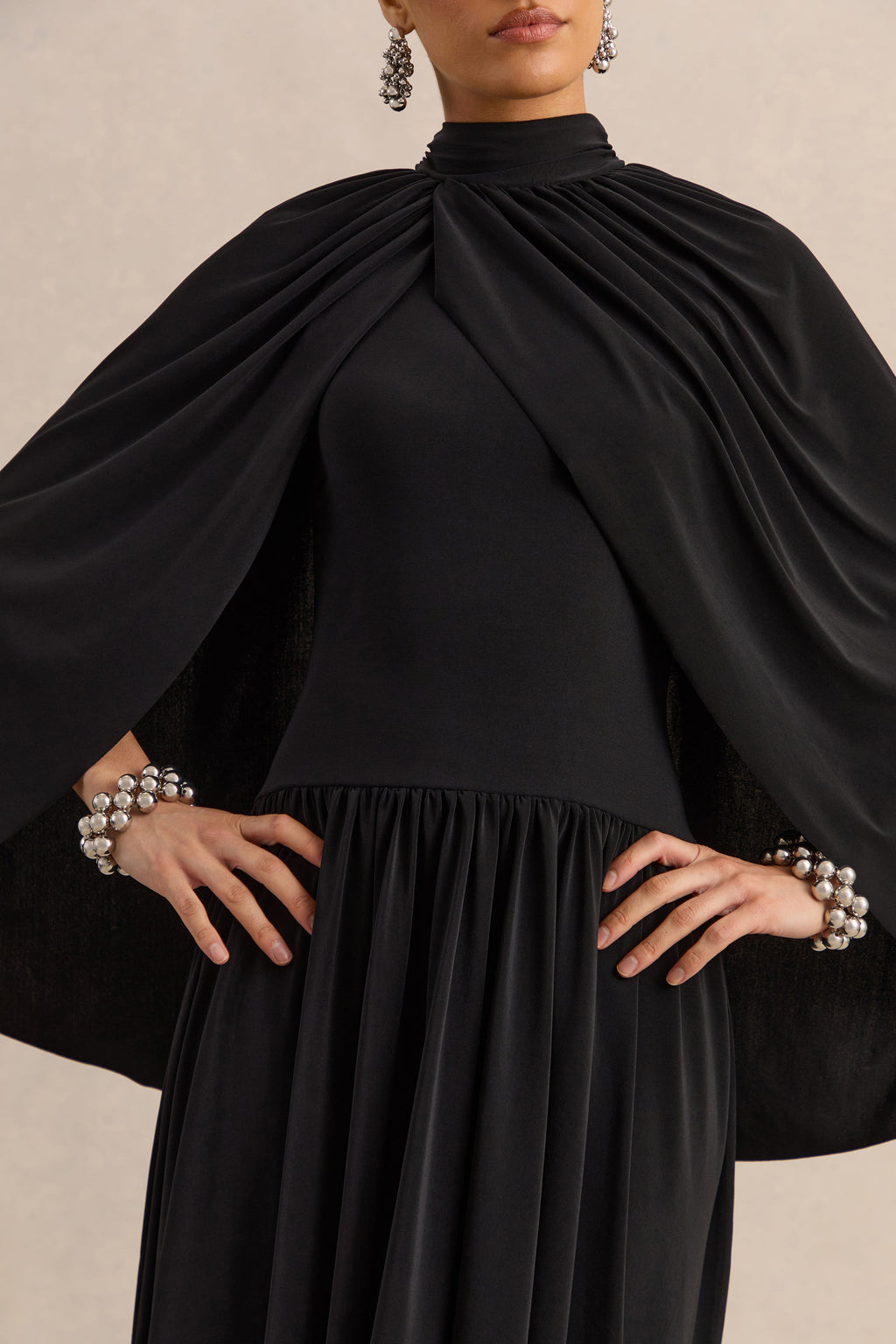 Honora | Black High-Neck Midi Dress With Cape-Sleeves
