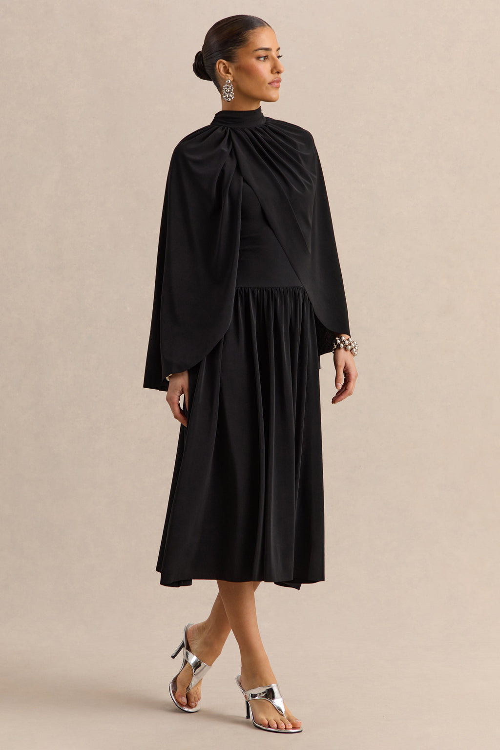Honora | Black High-Neck Midi Dress With Cape-Sleeves