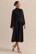 Honora | Black High-Neck Midi Dress With Cape-Sleeves