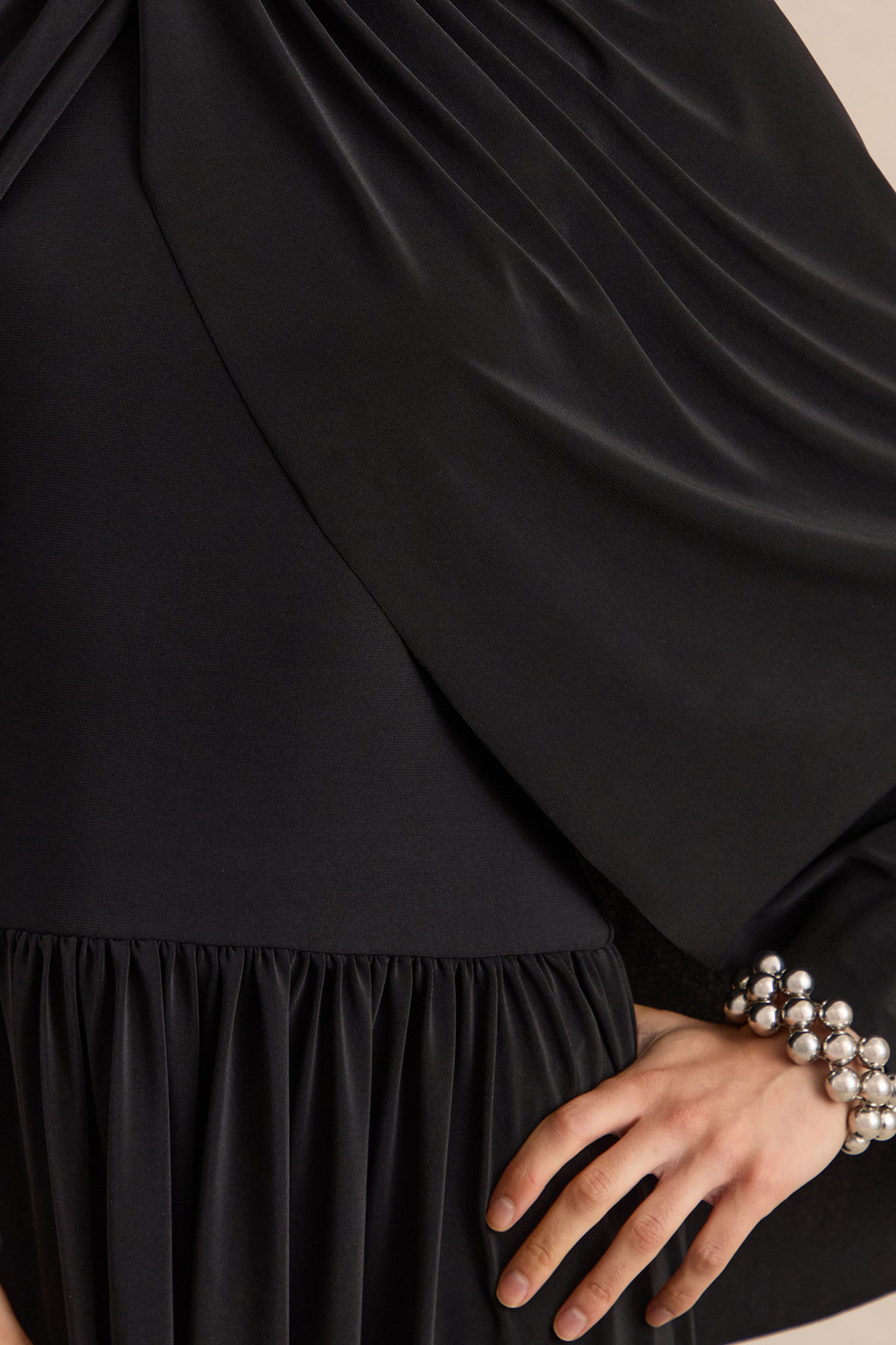 Honora | Black High-Neck Midi Dress With Cape-Sleeves