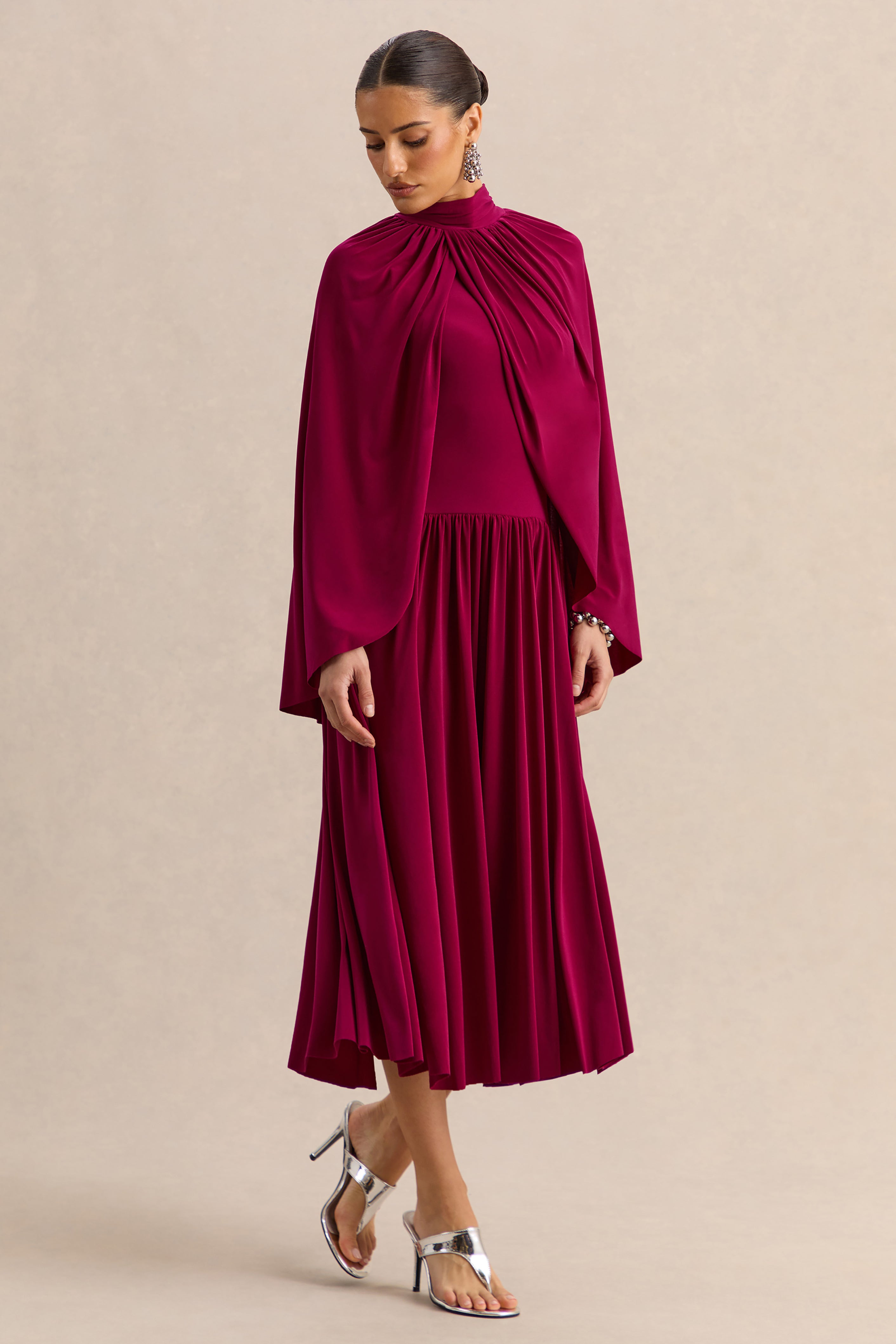 Honora | Burgundy High-Neck Midi Dress With Cape-Sleeves