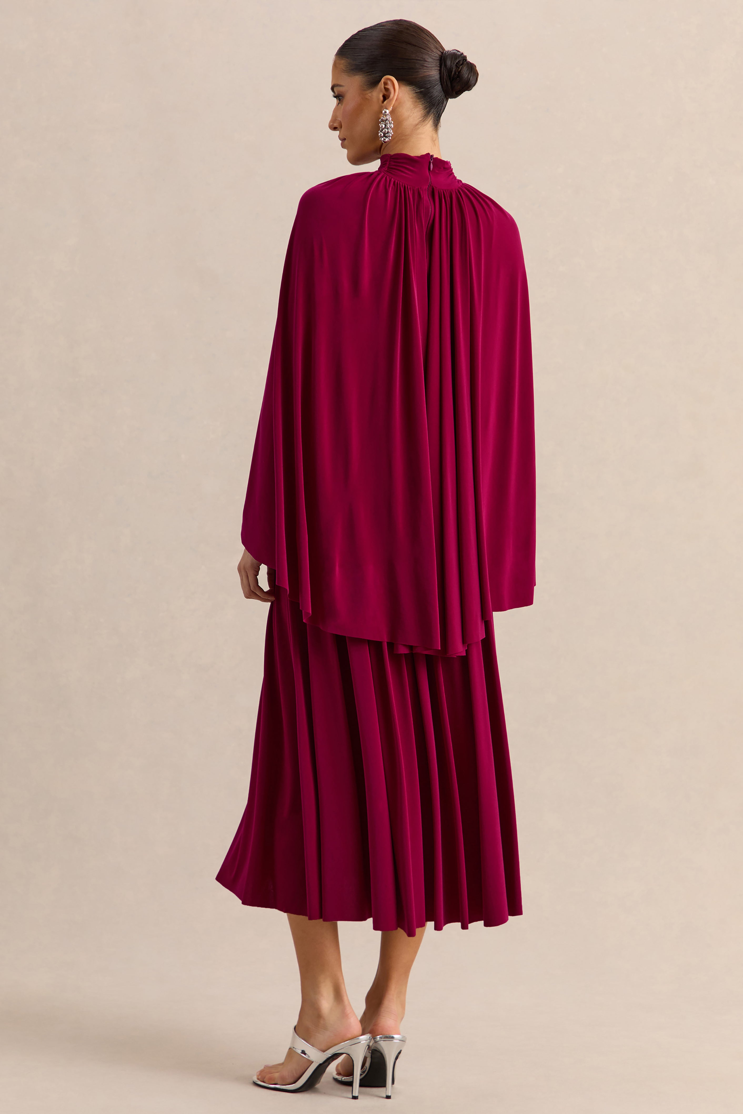 Honora | Burgundy High-Neck Midi Dress With Cape-Sleeves