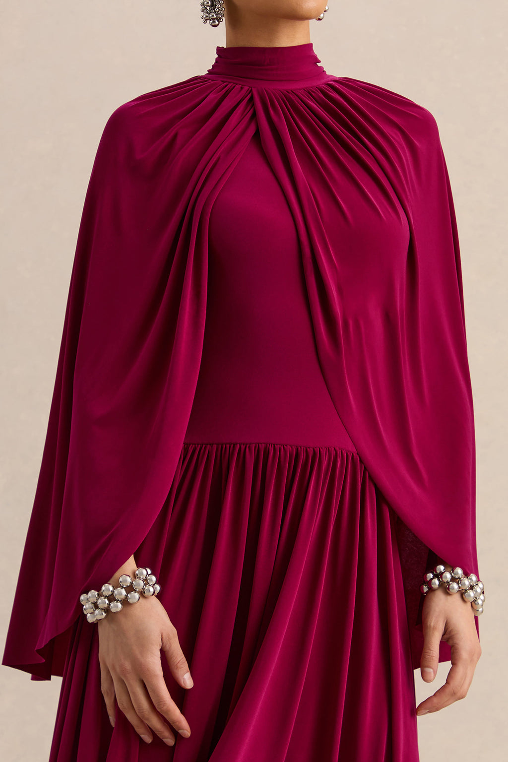 Honora | Burgundy High-Neck Midi Dress With Cape-Sleeves