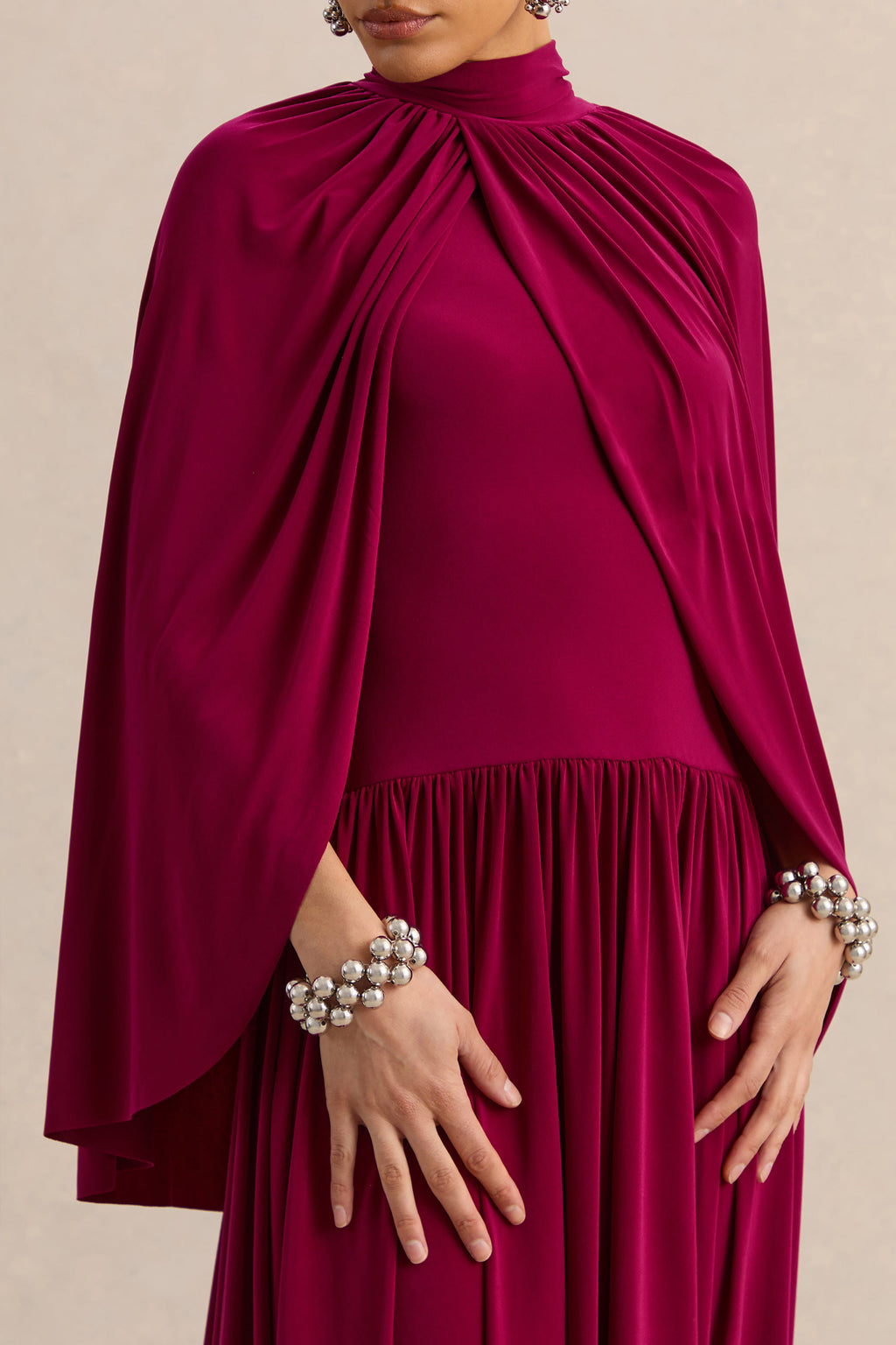 Honora | Burgundy High-Neck Midi Dress With Cape-Sleeves