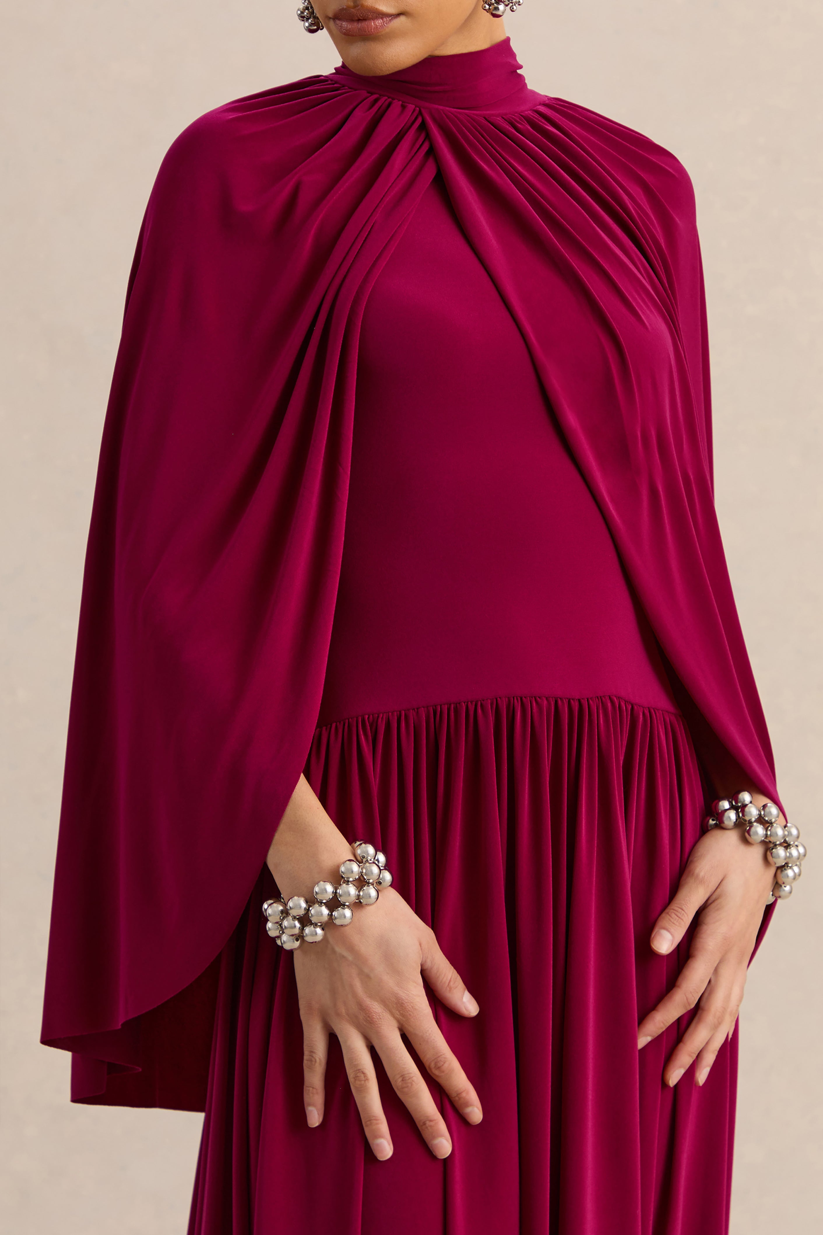 Honora | Burgundy High-Neck Midi Dress With Cape-Sleeves