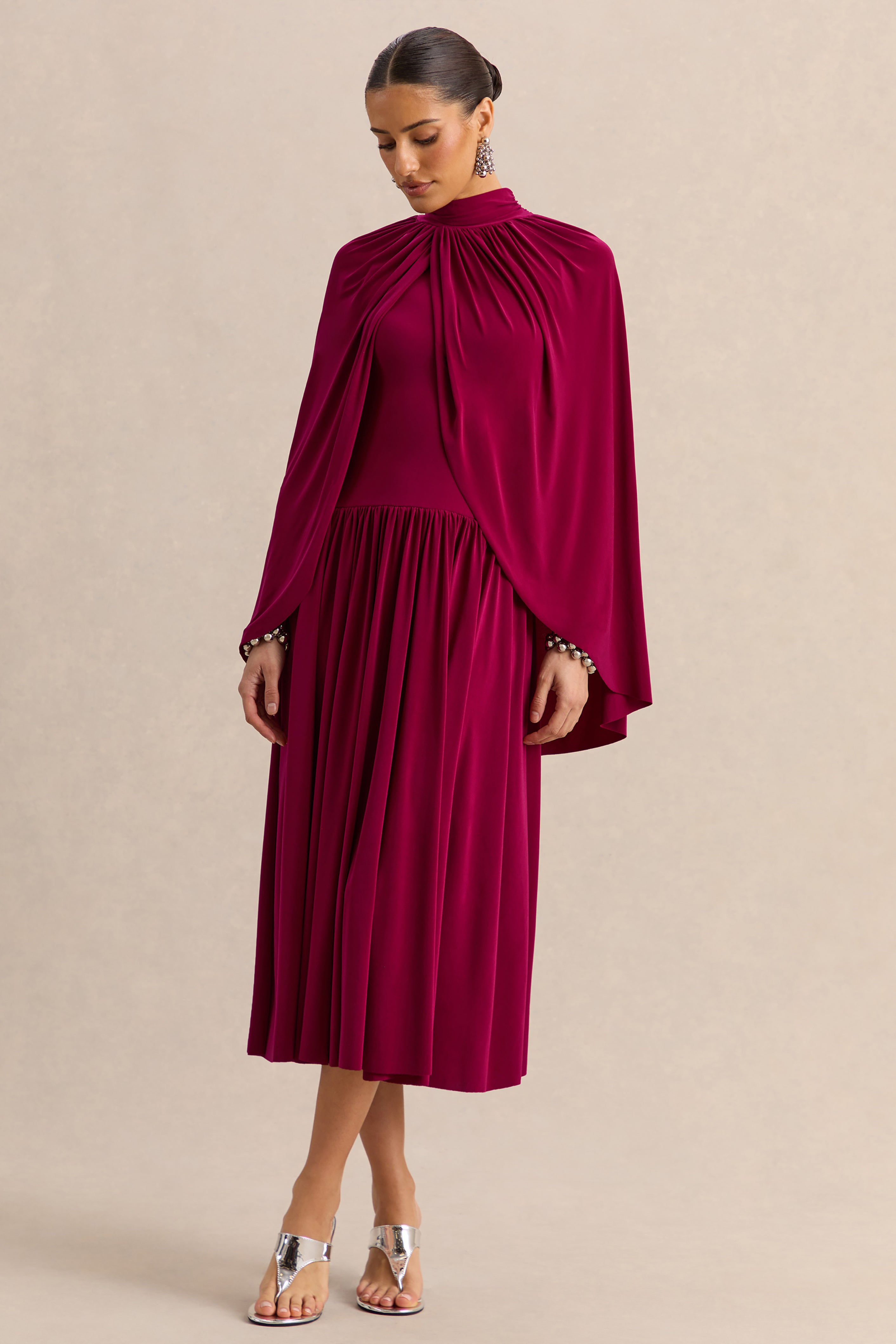 Honora | Burgundy High-Neck Midi Dress With Cape-Sleeves