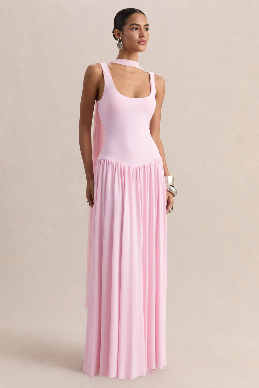 Aurina | Pink Square-Neck Maxi Dress With Cape