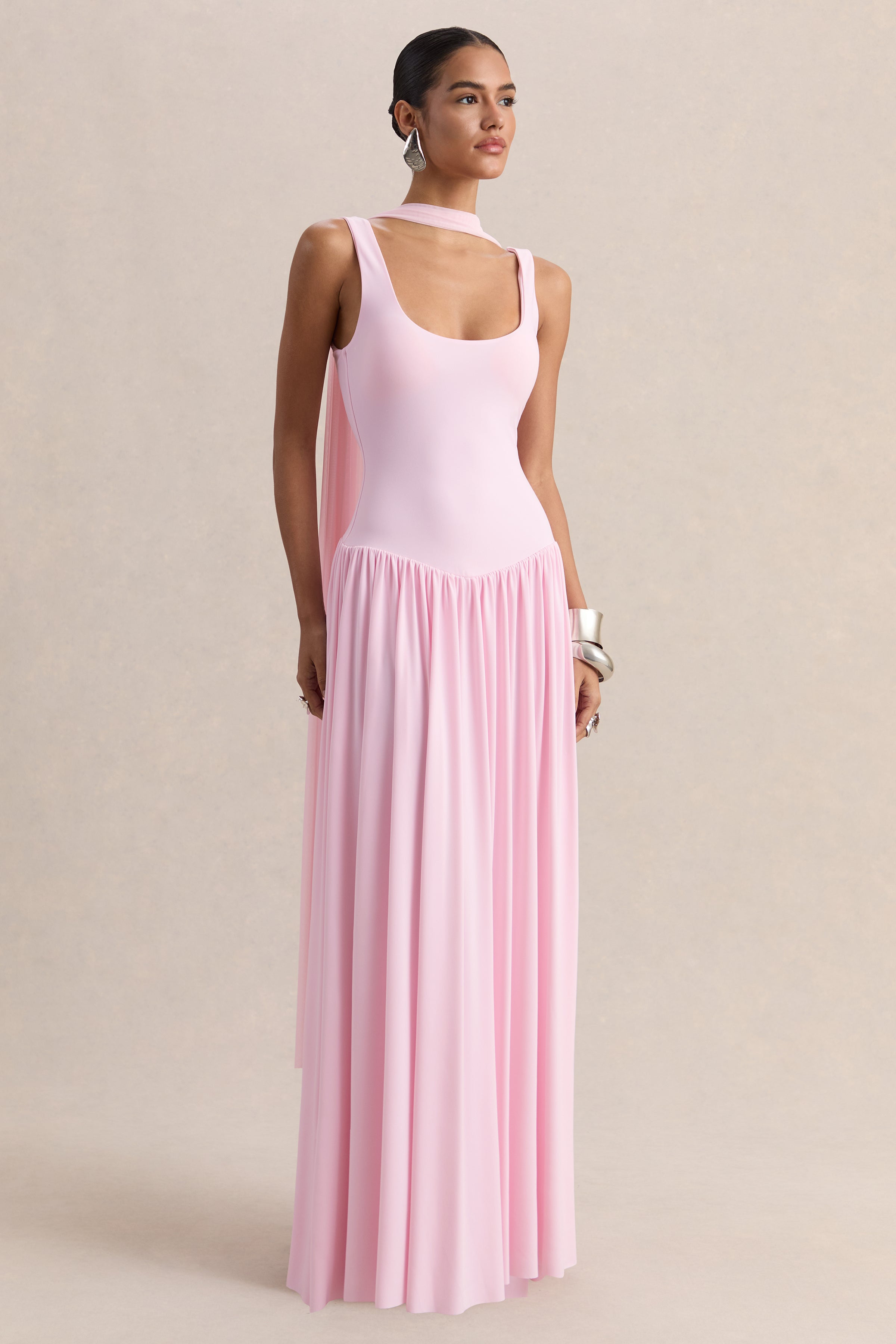 Aurina | Pink Square-Neck Maxi Dress With Cape