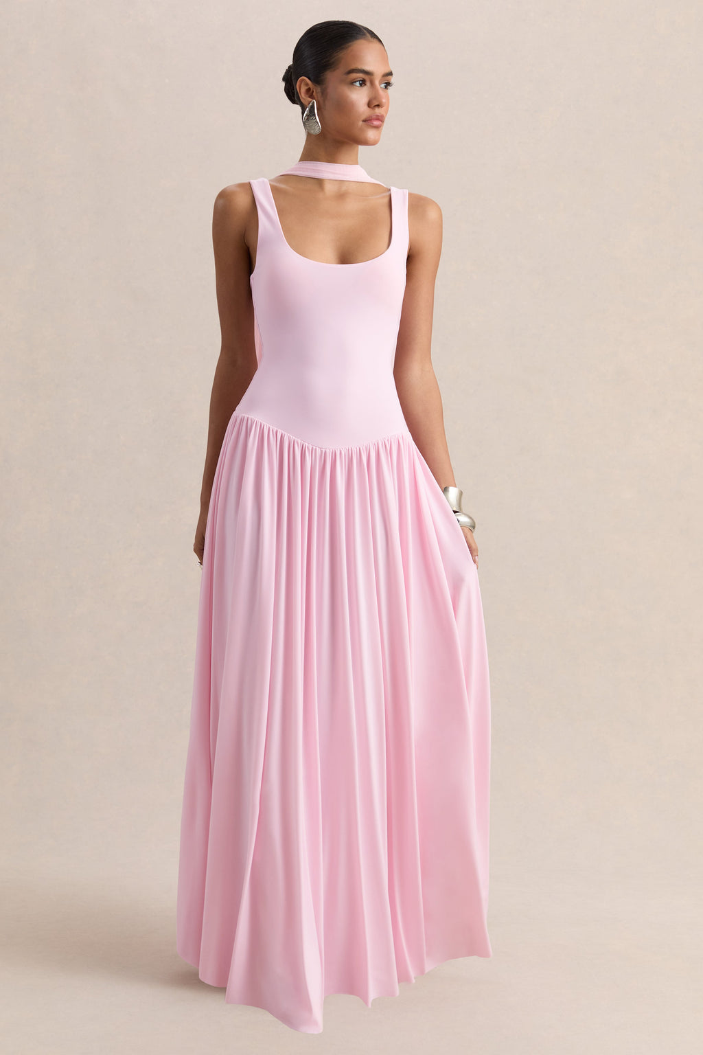 Aurina | Pink Square-Neck Maxi Dress With Cape