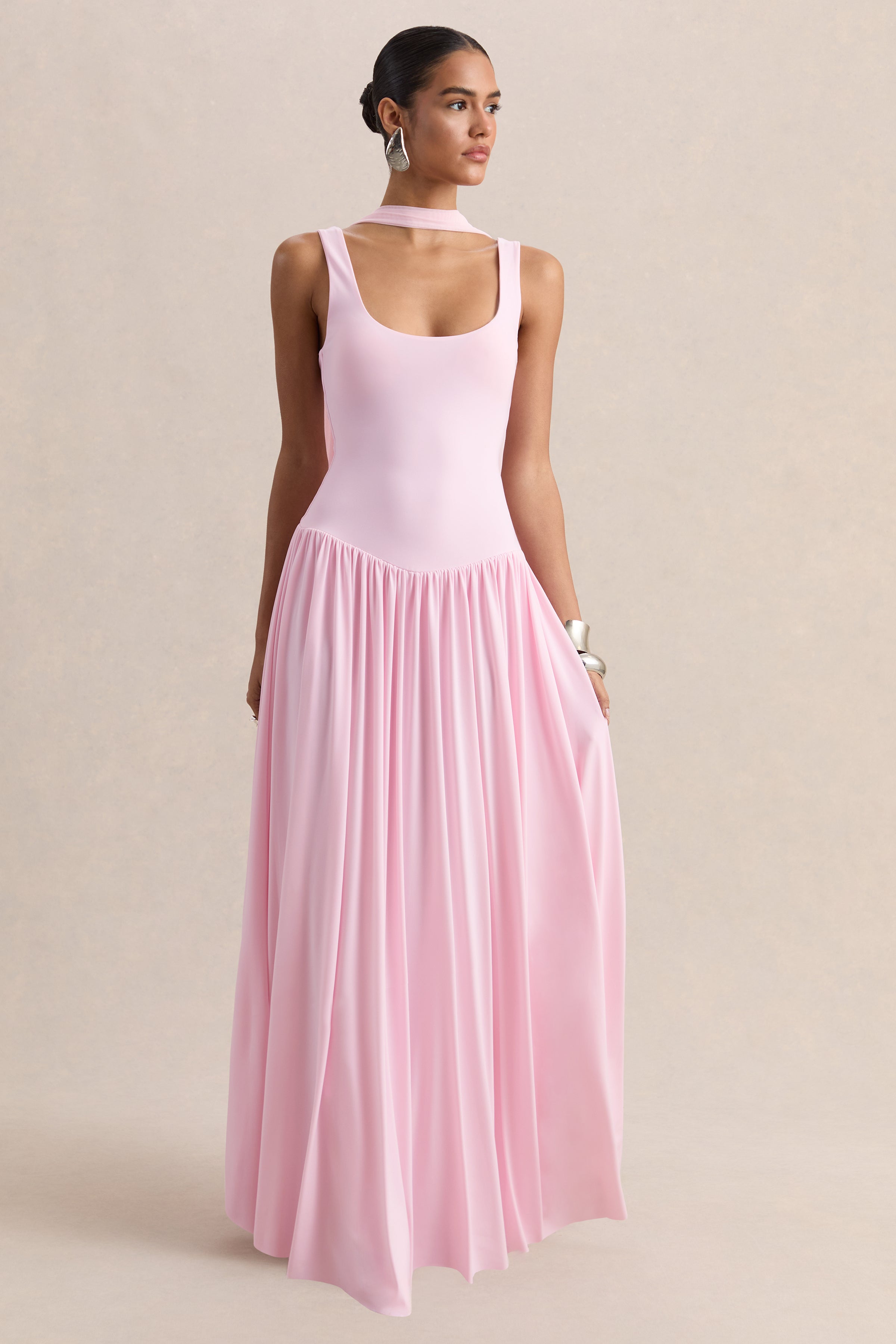 Aurina | Pink Square-Neck Maxi Dress With Cape