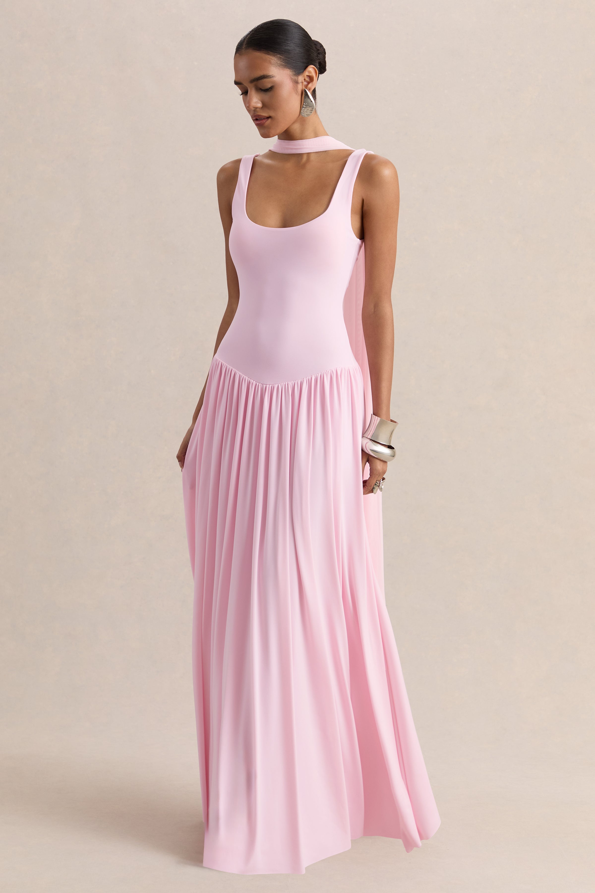 Aurina | Pink Square-Neck Maxi Dress With Cape