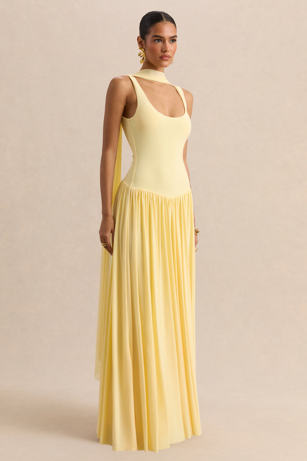Aurina | Lemon Square-Neck Maxi Dress With Cape