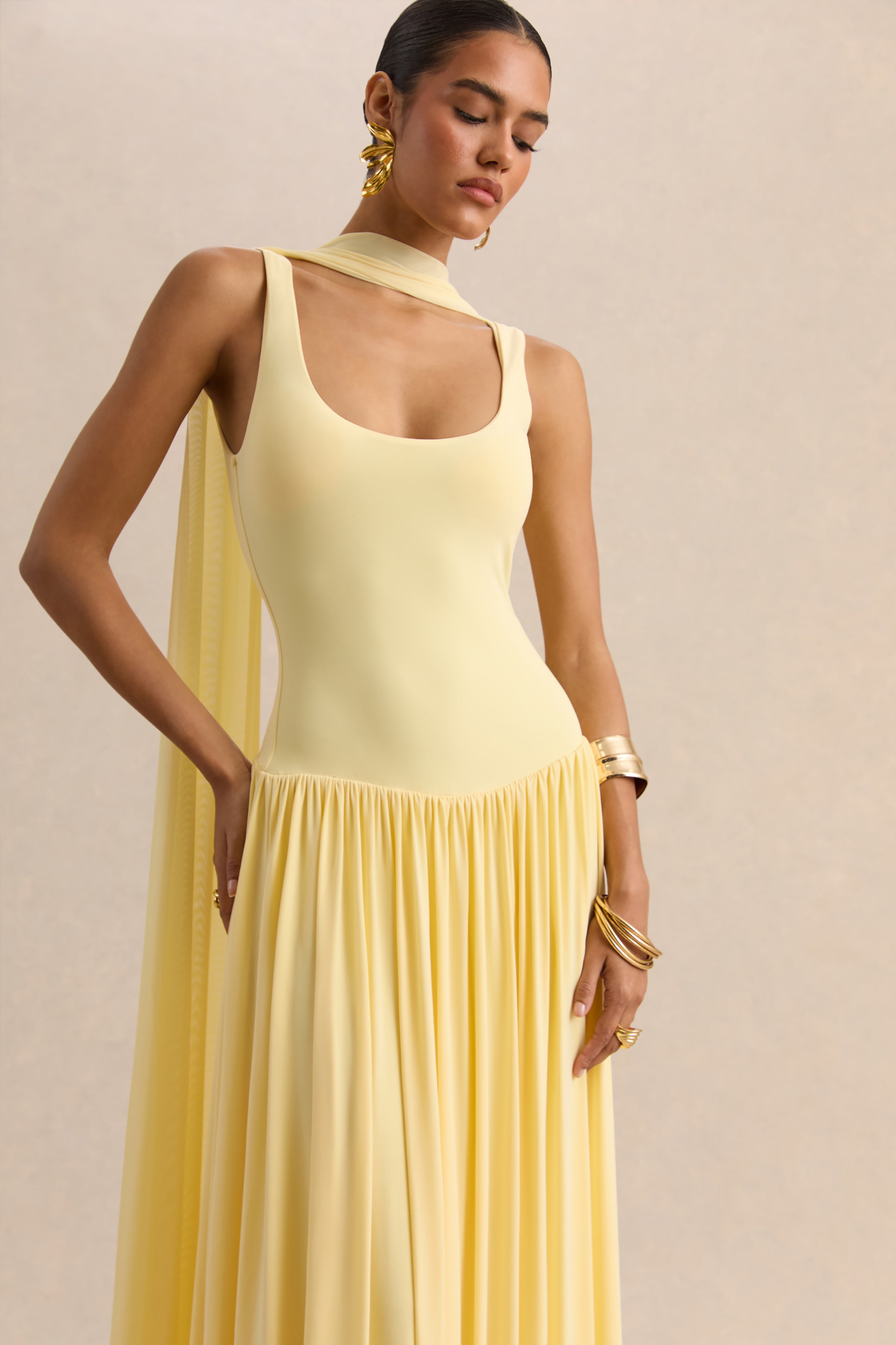 Aurina | Lemon Square-Neck Maxi Dress With Cape