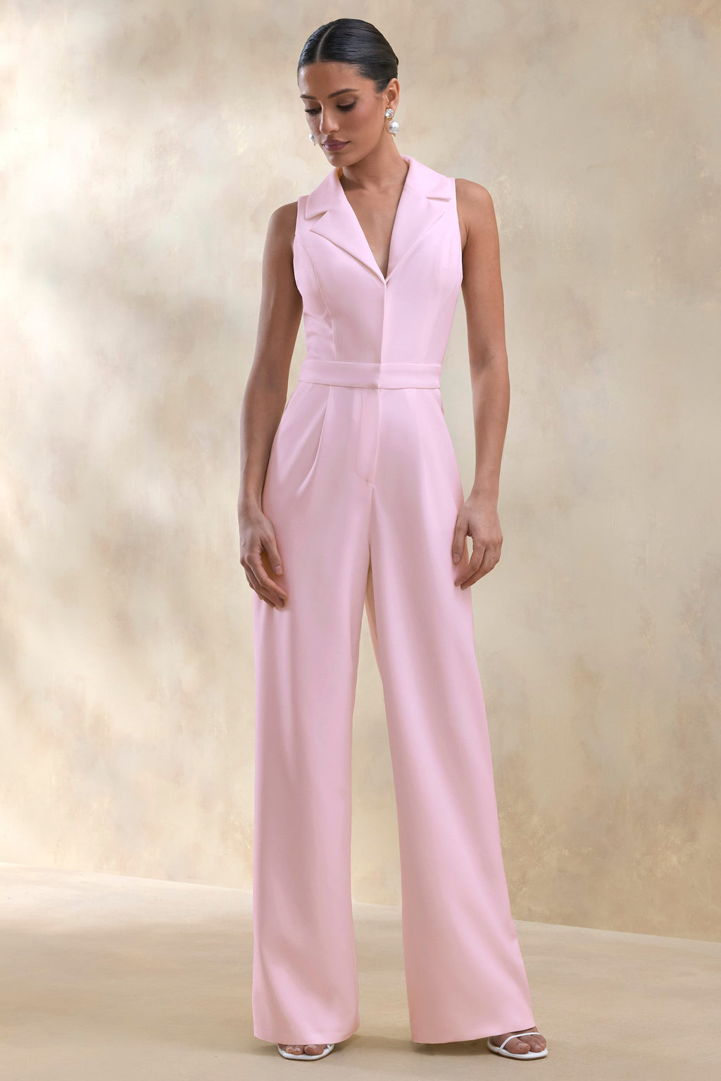 Brillora | Light Pink Plunge-Neck Tailored Jumpsuit