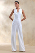 Brillora | White Plunge-Neck Tailored Jumpsuit