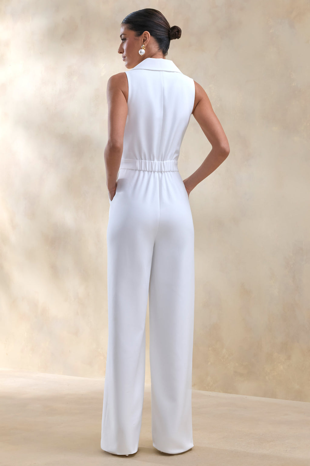 Brillora | White Plunge-Neck Tailored Jumpsuit
